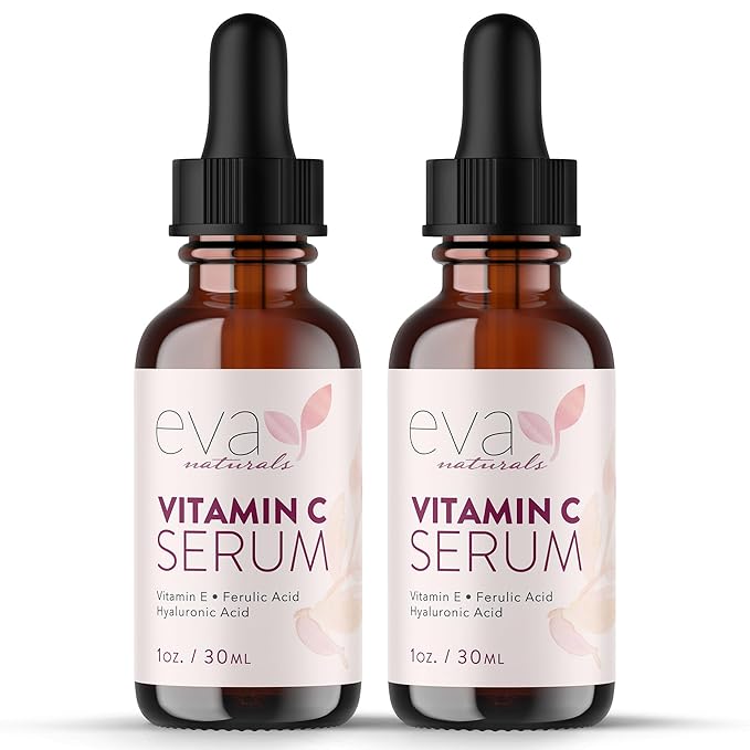 Eva Naturals Vitamin C Serum for Face - 20% Vit C with Hyaluronic Acid, Ferulic Acid & Vitamin E - Facial Serum for Dark Spots, Acne, Anti Aging, Glow & Even Skin Tone, 1 oz (Pack of 2)