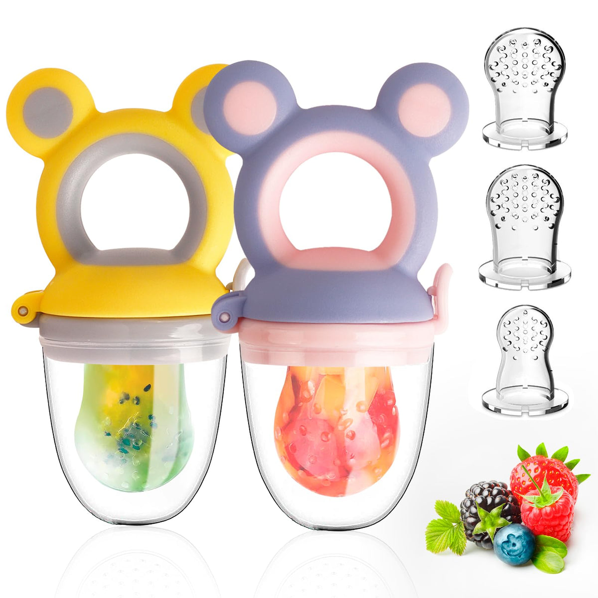 HAOBAOBEI Baby Solids/Frozen Fruit Feeder Pacifier, Infant Teether Toy 4M+, BPA-Free Silicone Pouch & Nipple, Safely Introduce Solids, Teething Relief, 2-Pack - Yellow/Purple (Mouse)