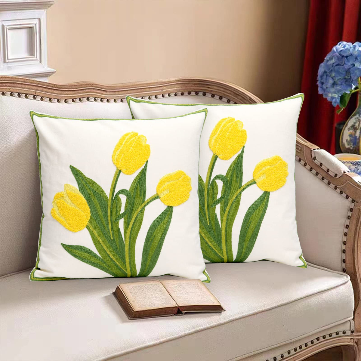 Pilmandu Pack of 2 Embroidered Decorative Throw Pillow Cover 18x18 Inch Farmhouse Floral Pillowcase for Living Room Sofa Bed (Yellow Tulip)