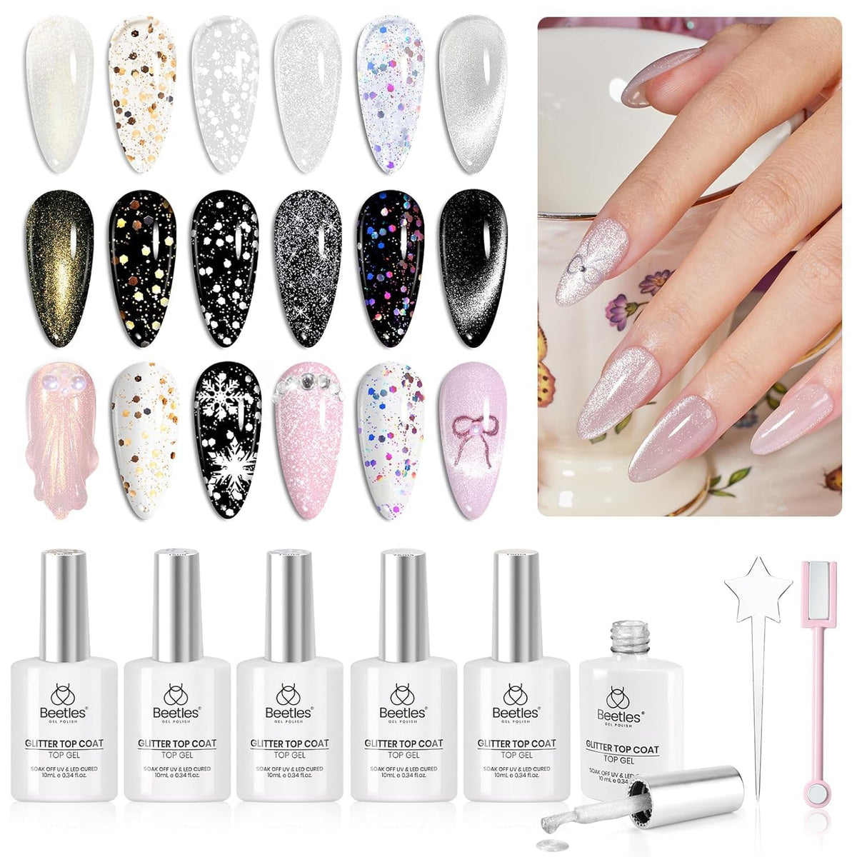 Beetles Glitter Gel Top Coat 8Pcs Holographic Glitter Gel Nail Polish Top Coat Cat Eye No Wipe Glossy Sparkly Finish Long Lasting Soak Off U V LED Salon DIY Gift for Women Girls