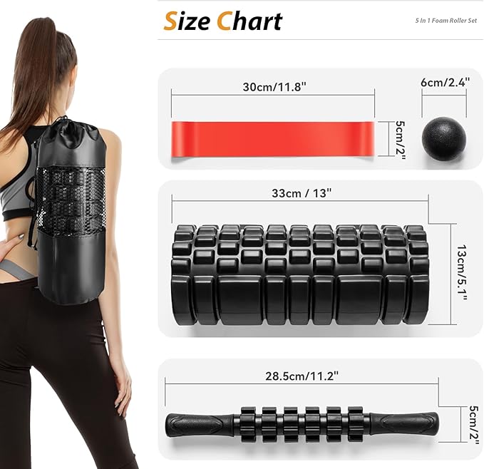 5 in1 Foam Roller Set, Trigger Point Foam Roller, Massage Roller Stick, Massage Ball, Resistance Band for Deep Muscle Massage Pilates Yoga,Fitness Exercise for Whole Body (Black-Red)