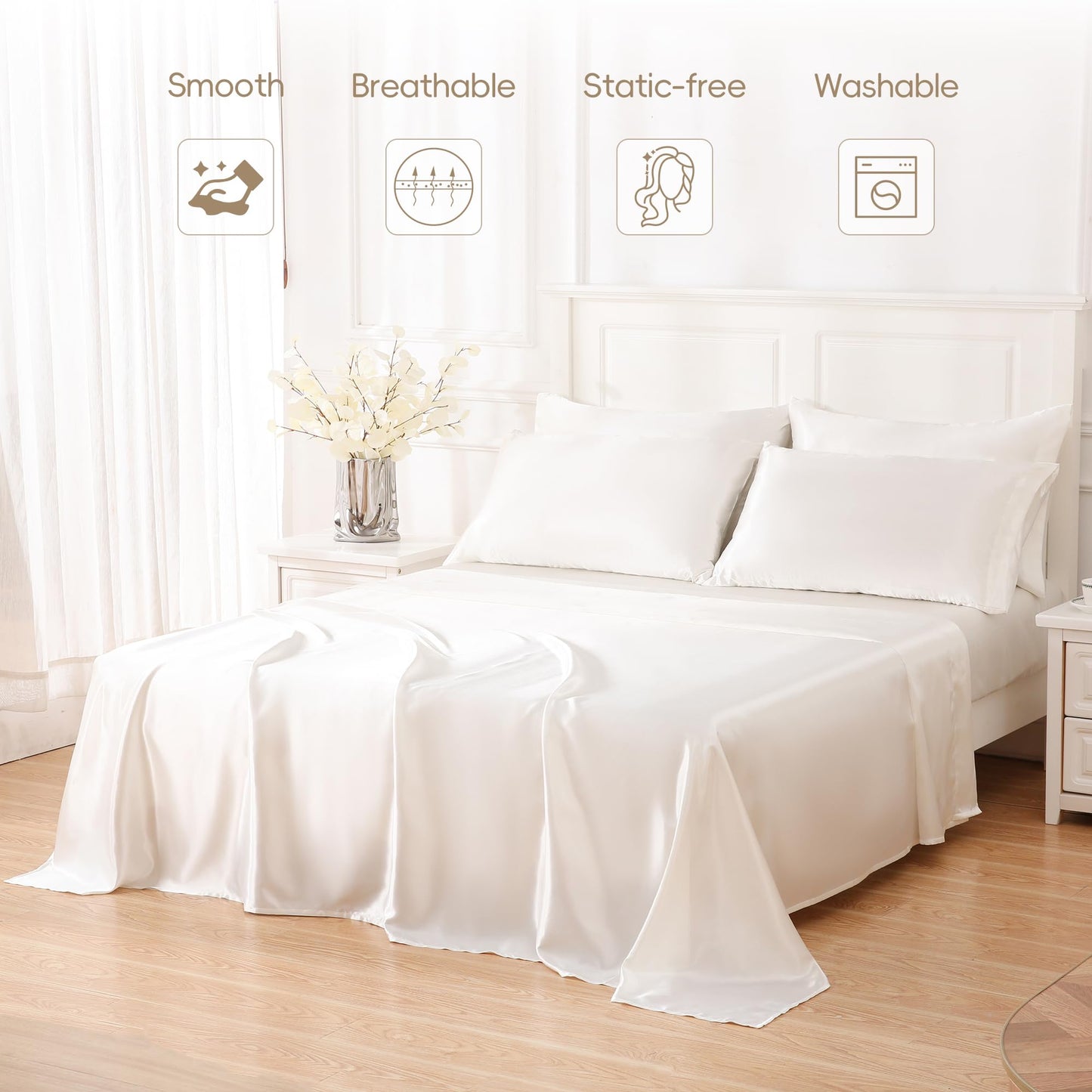 Sleeplite 4 Piece Luxury Satin Bed Sheets Set with Pillowcases - Ultra Soft & Silky, Hypoallergenic & Wrinkle-Free, Hotel Quality Comfort Bedding, Size King, Snow White
