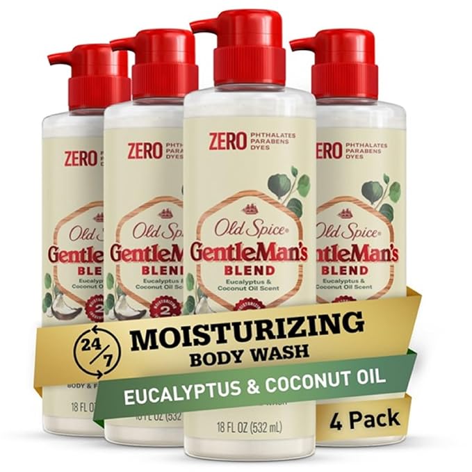 Old Spice GentleMan's Exfoliating & Moisturizing Body Wash for Men, 24/7 Shower Fresh with Long Lasting Scent, Renewing Vitamin B3 Blend, Eucalyptus + Coconut Oil Scent, 18 oz (Pack of 4)