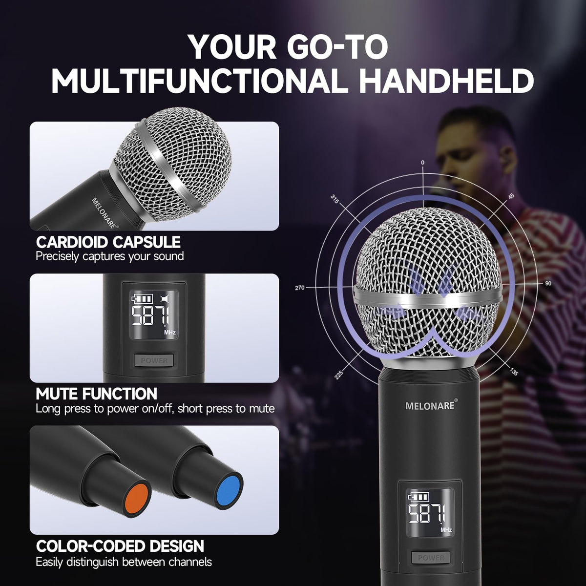 Dual Channel Wireless Microphone System, MELONARE Auto-Scan Professional Cordless Dynamic Mic Set, 260ft Range, 2x100 UHF Metal Wireless Mic for Singing, Karaoke, Church, Wedding, DJ (MWU-20-2H)