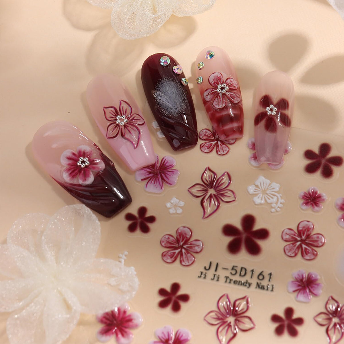 Stickers para Uñas Nail Stickers Self-Adhesive Sticker Red Blue 3D Wild Flower Calcomanías para Uñas Floral Art Design Accessories Hight Quality 3 Sheets