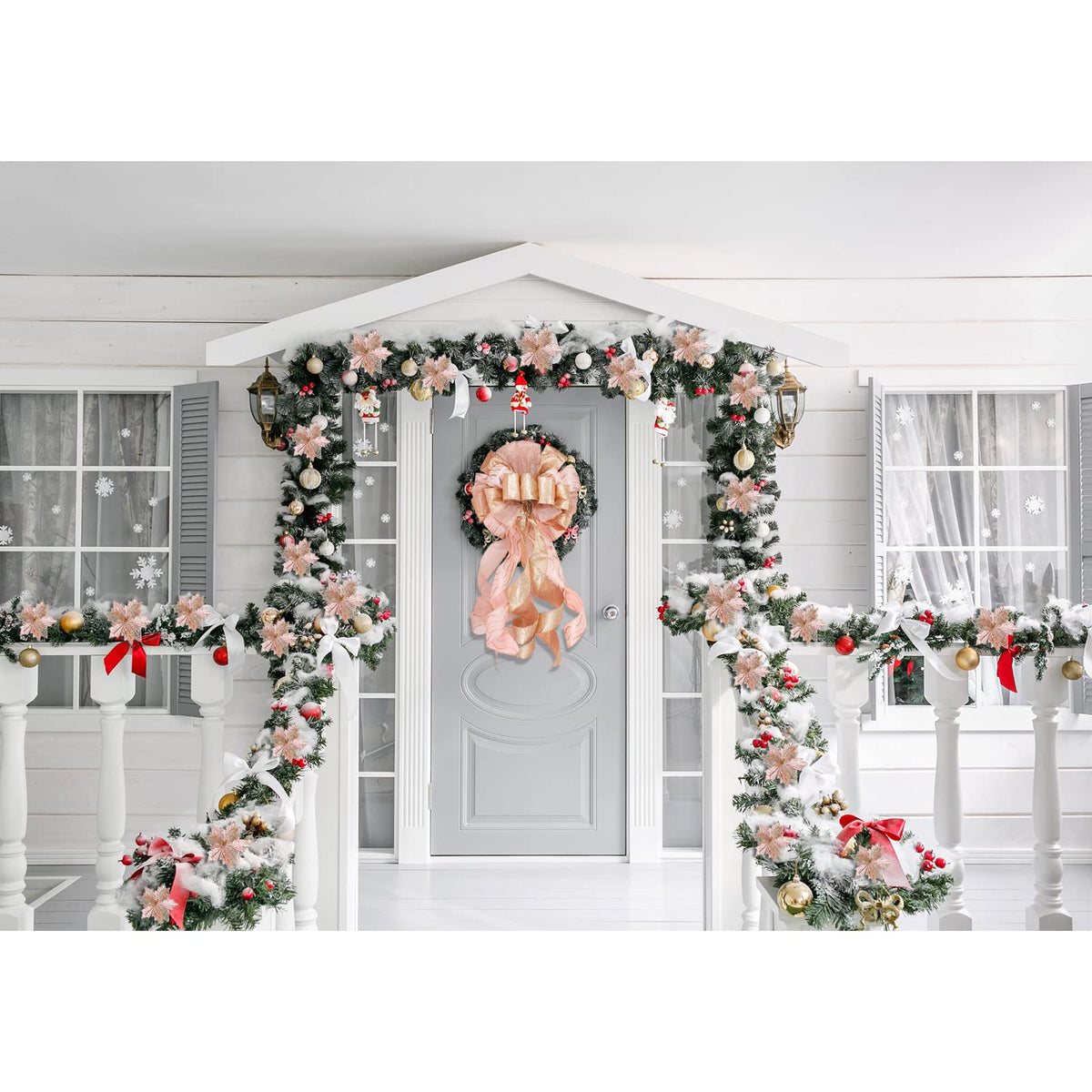 Syhood Christmas Tree Topper Decorations 34x12 Inch Large Christmas Bows Tree Ornaments and 24 Pcs Christmas Tree Flowers for Christmas Holiday Party Decorative(Rose Gold)