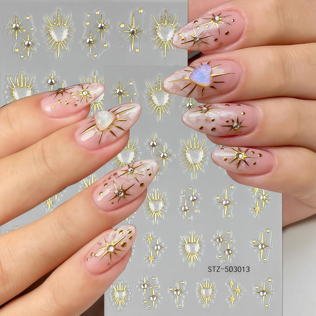 6 Sheets Star Nail Stickers for Nail Art, Shiny Crystal Diamond Stars Heart Silver Gold Self-Adhesive Nail Art Stickers Decals Design Everyday Salon Nail Art DIY Decoration Supplies for Women