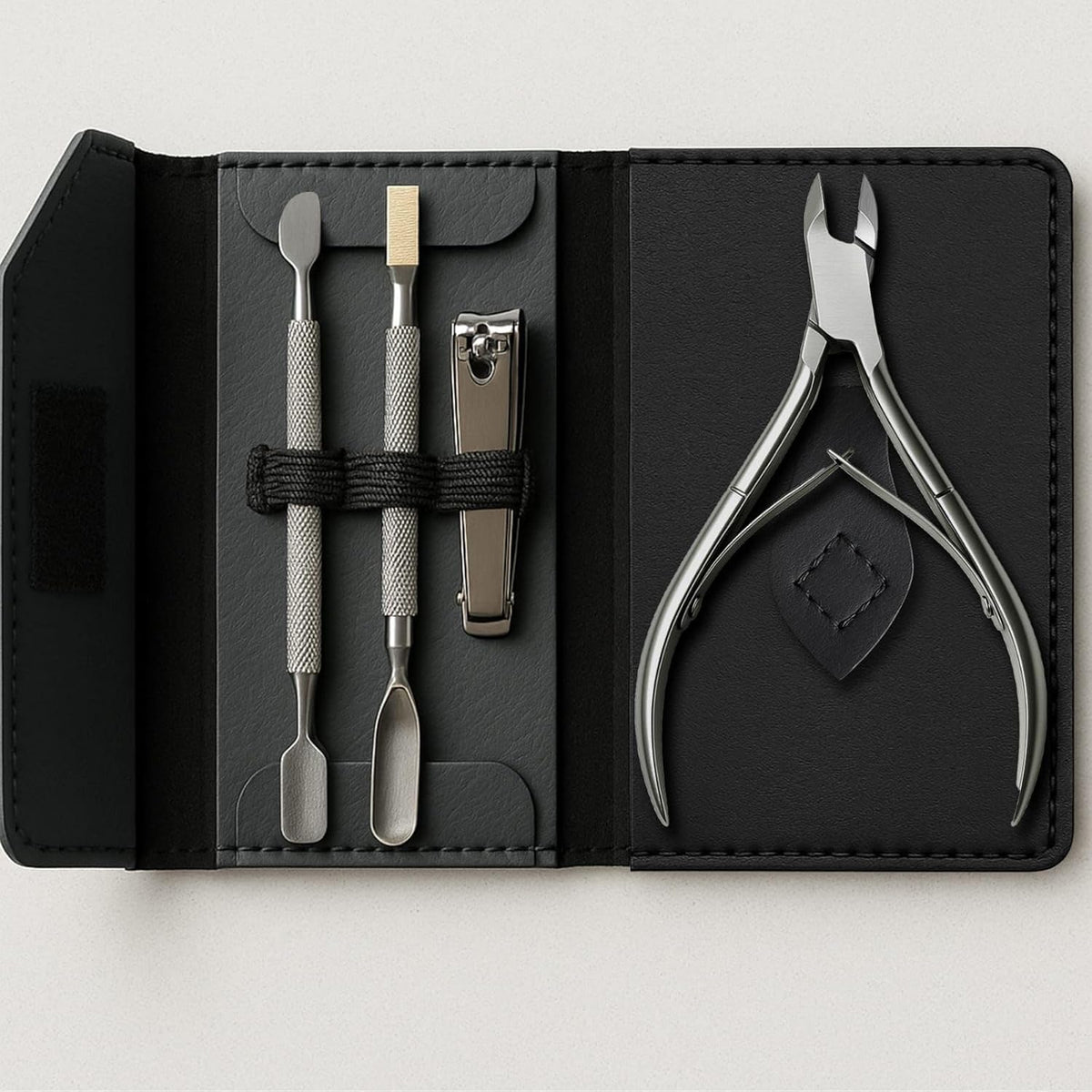 UM Supplies Cuticle Nipper with 2 Pushers and Nail Cutter 4 Pieces Travel Set + Storage Pouch, Stainless Steel Manicure Pedicure Tool for Nail Care Jaw 14 (5mm) Double Spring