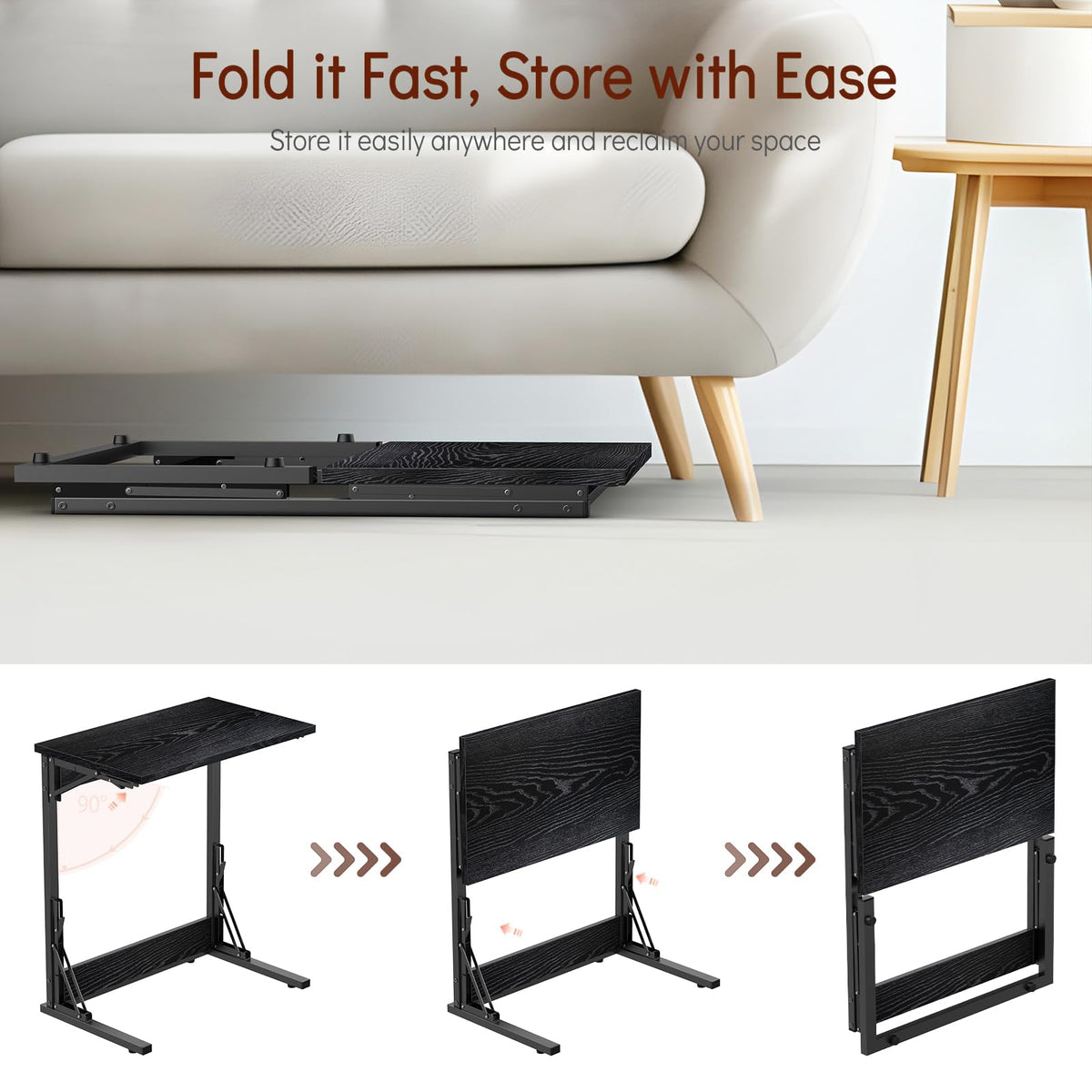 Tatub 24" Folding C Shaped End Table Set of 2, Small Sofa Side Laptop Desk, Couch TV Tray Table for Living Room, Bedroom, Black