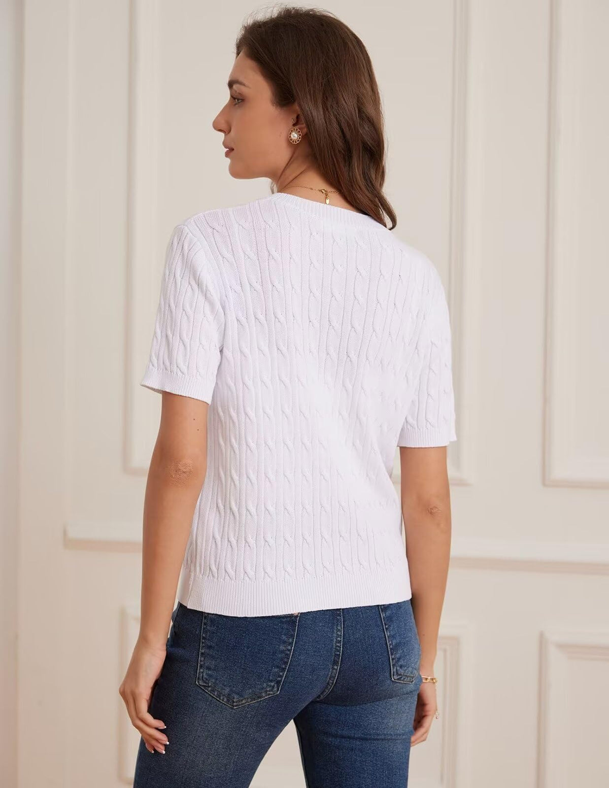 GRACE KARIN Women's Short Sleeve Sweater Cardigan Button Up White Sweater Cable Knit Soft Dressy Cardigan M