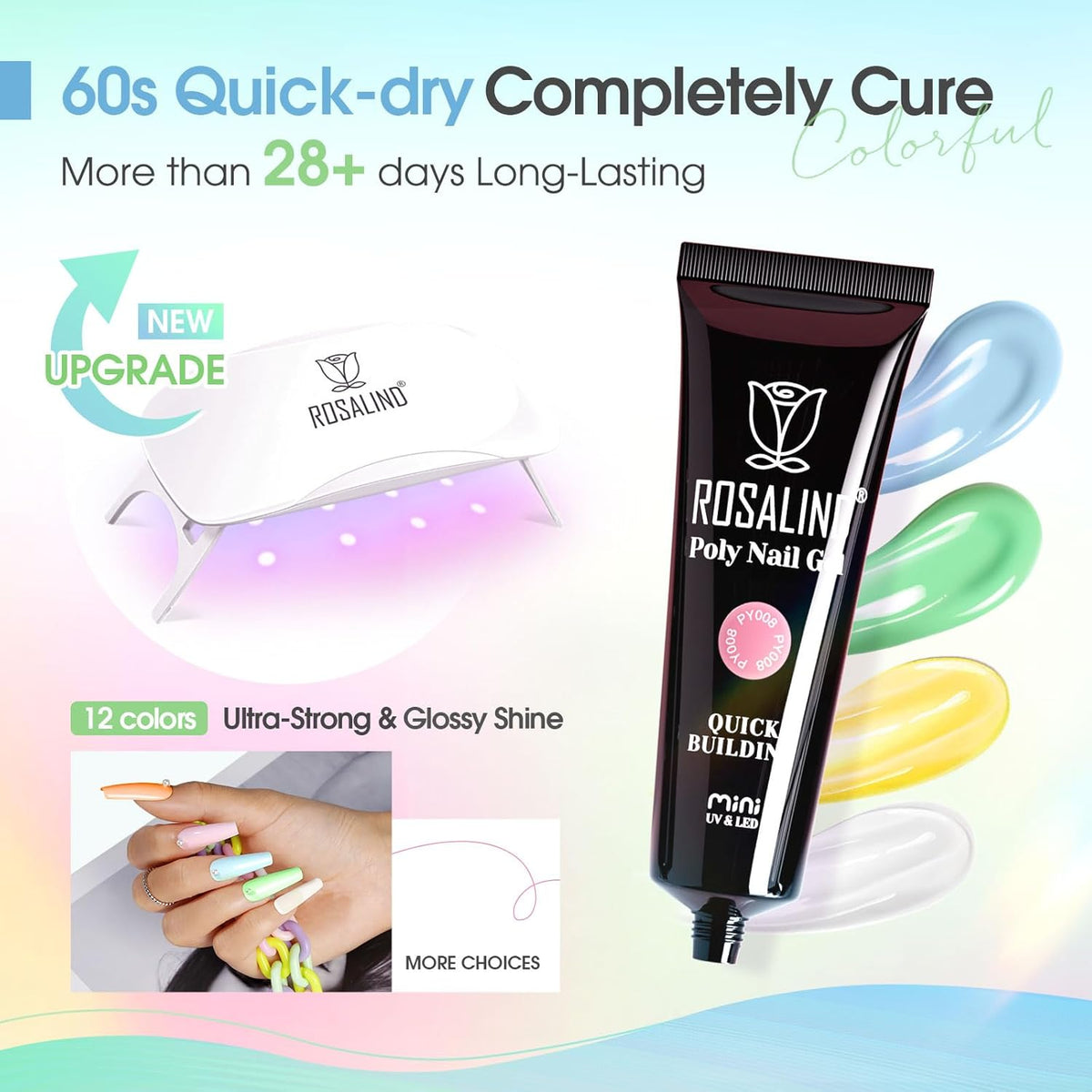 ROSALIND 12PCS Poly Nail Gel Kit with Mini Nail Lamp Nude Brown Cherry Pink Poly Extension Gel Kits