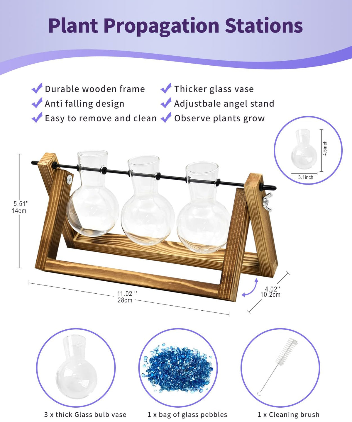 Nacome Plant Terrarium for Office Decor: Wooden Stand Tabletop Planter 3 Bulb Glass Vase Metal Swivel Holder for Hydroponics Indoor Home - Birthday Gifts for Women Mom Grandma