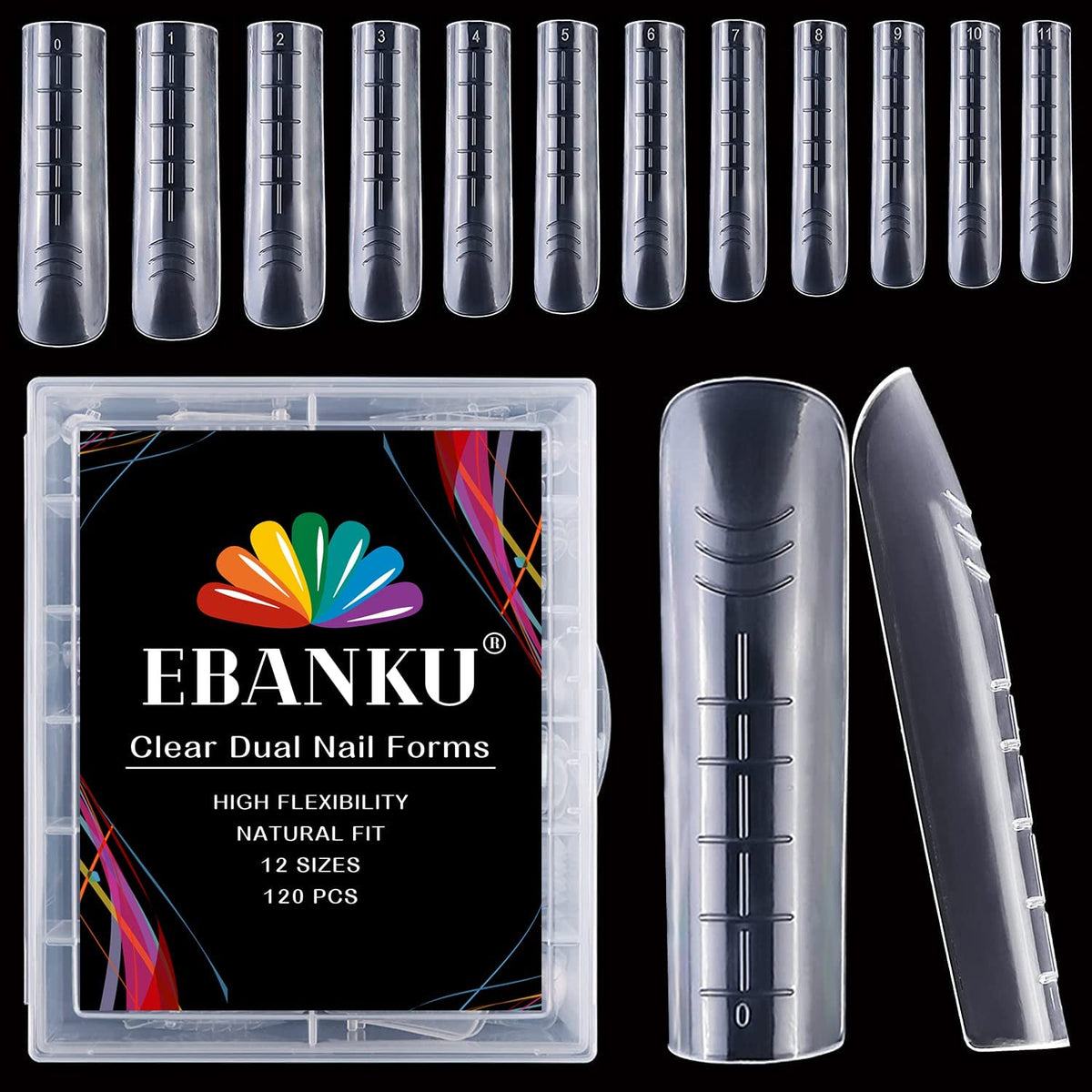EBANKU 120Pcs Poly Extension Gel Dual Nail Forms Square Clear Nail Forms Full Cover Coffin Nail Molds 12 Sizes for Gel Manicure Nail Art Design Salon&DIY