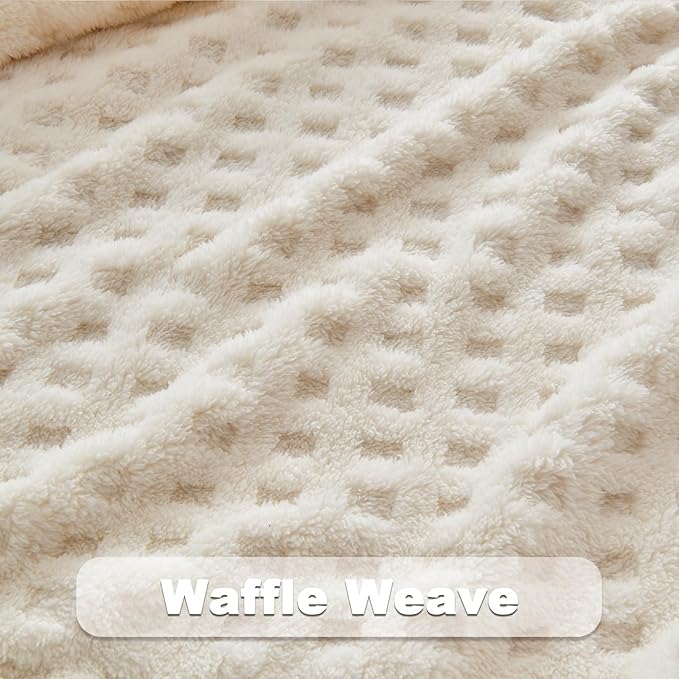 NEWCOSPLAY Super Soft Twin Blanket Ivory Premium Silky Flannel Fleece 3D Waffle Checkered Lightweight Bed Blanket All Season Use (Ivory, Twin(60"x80"))