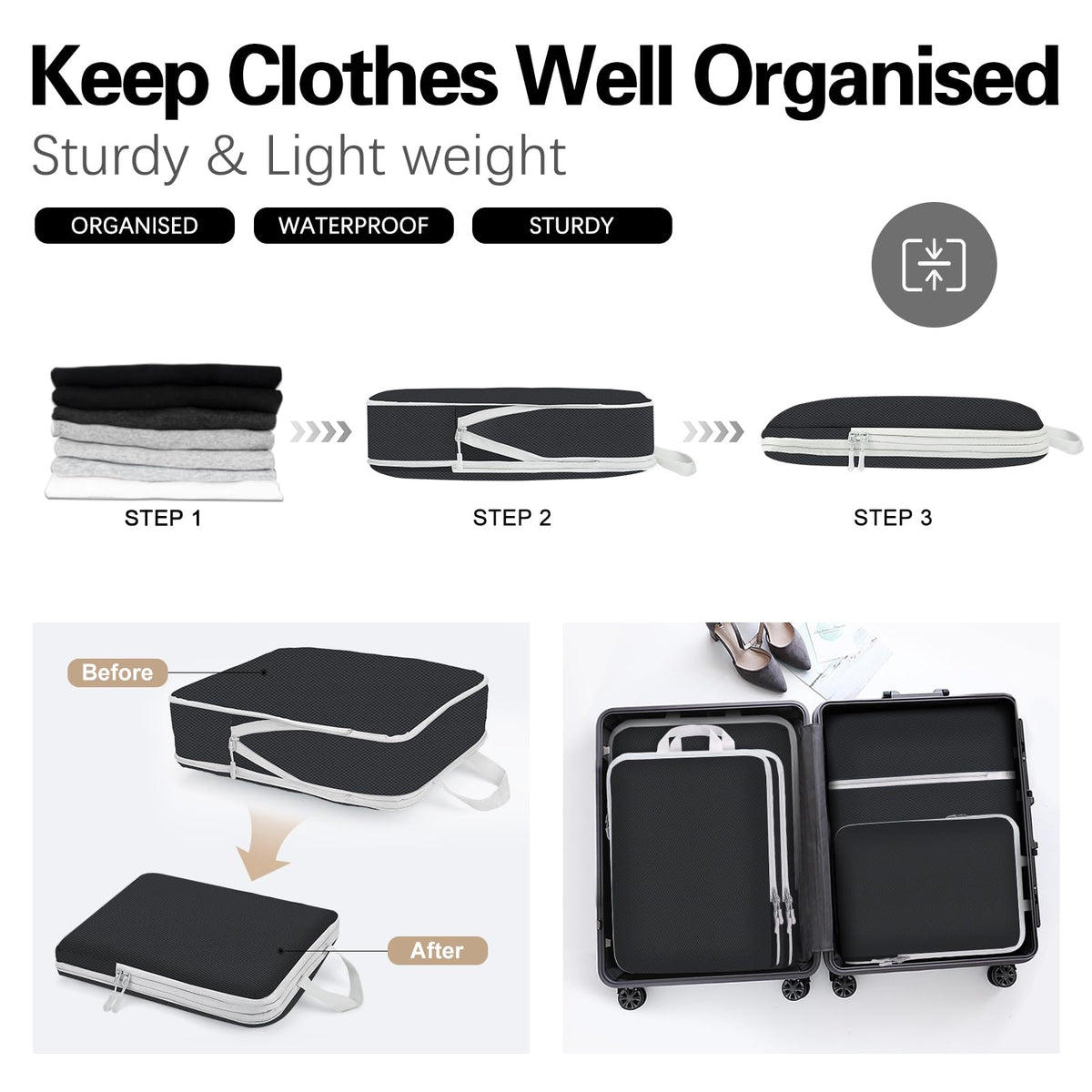 Compression Packing Cubes for Travel,Waterproof Packing Compression Cubes for Travel Packing Organizers,Luggage Cubes for Packing,Ultralight Expandable Packing Cubes Compression (Black 5 Pack)