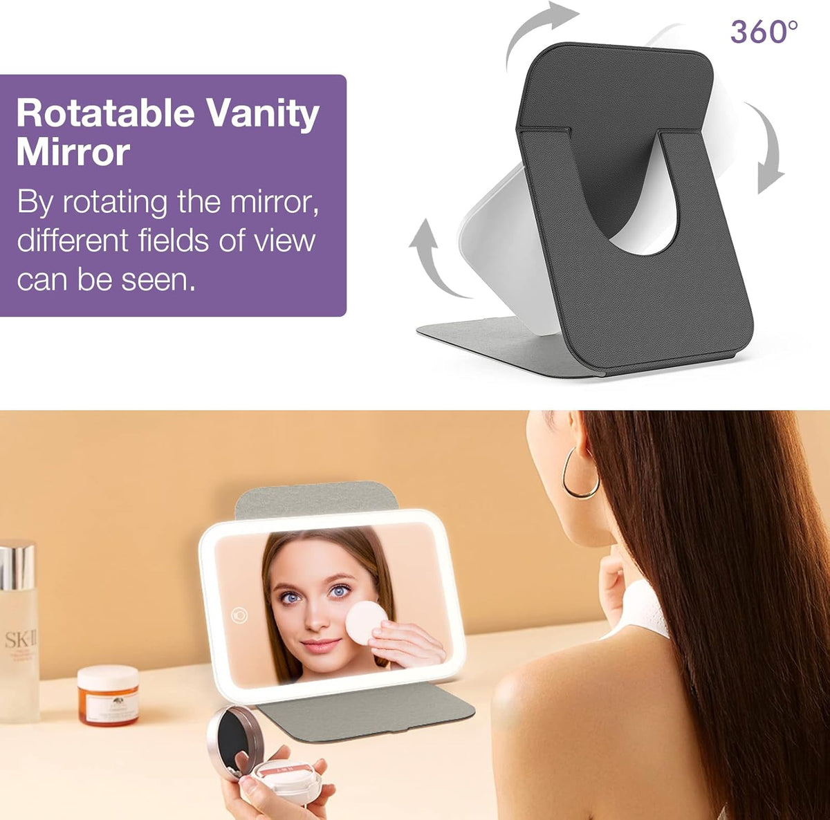 Kintion Travel Makeup Mirror, Portable LED Lighted Makeup Mirror, 360° Rotation Touch Screen Vanity Mirror, 60 LEDs, 3-Color Dimmable Lighting, Rechargeable Tabletop Folding Cosmetic Mirror, Black