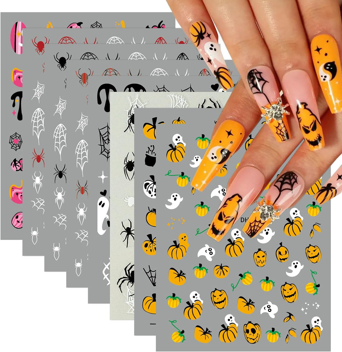 Halloween Nail Stickers Spider Web Nail Decals Pumpkin Nail Art Stickers Ghost Heart Star French Tips Design Self Adhesive Nails Sticker for Nails Art for Women DIY Holiday Manicure Supplies 8 Sheet