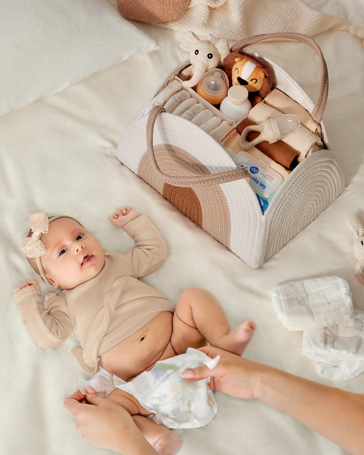 Blissful Diary Baby Diaper Caddy Organizer, Cotton Rope Diaper Caddy Basket, Large Storage Basket for Newborn Boys and Girls, Gift for Baby Shower List, Newborn Essentials, Earthy Rainbow