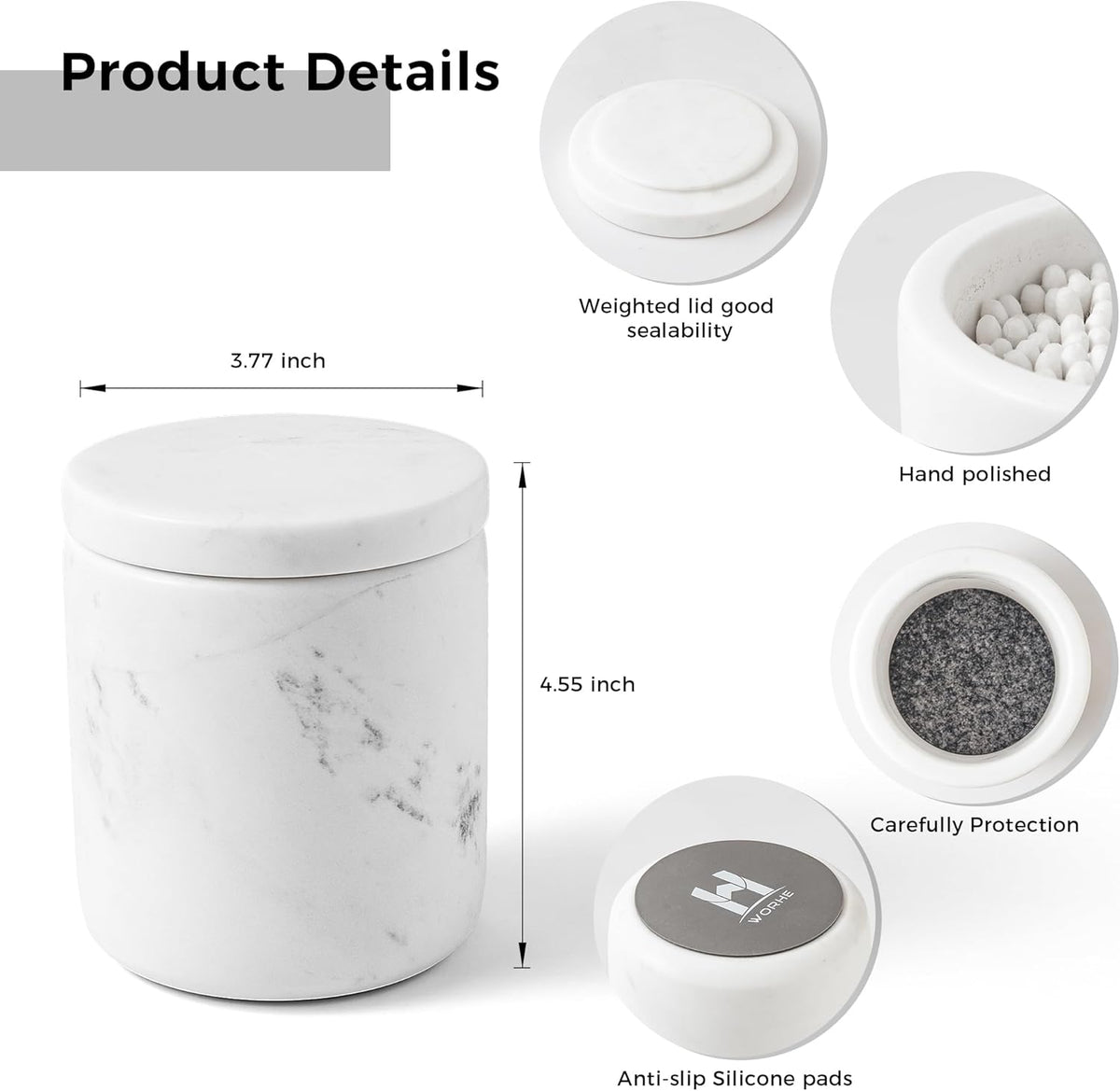 WORHE Marble Qtip Holder with Lid Natural Cotton Ball Container for Cotton Swabs,Makeup Sponges,Bath Salt Large Capacity Bathroom Canisters Jars for Countertop Storage and Organization White (WH051)