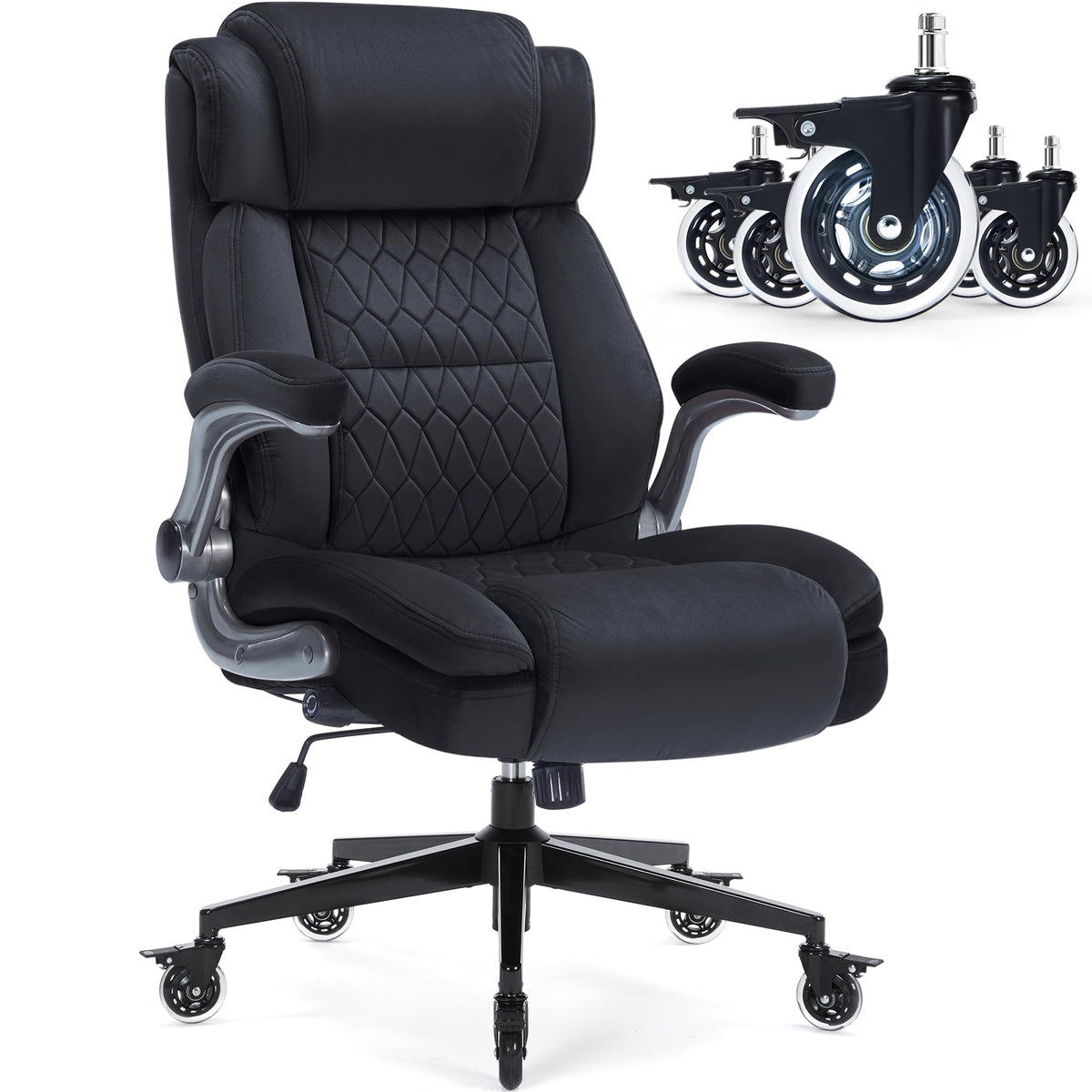 Fabric High Back Office Chair 400lbs-Adjustable Built-in Lumbar Support，Flip Arms, Locking Wheels-Ergonomic Computer Desk Chair with Heavy Duty Base，Thick Padded Large Work Chairs for Adults Men Women