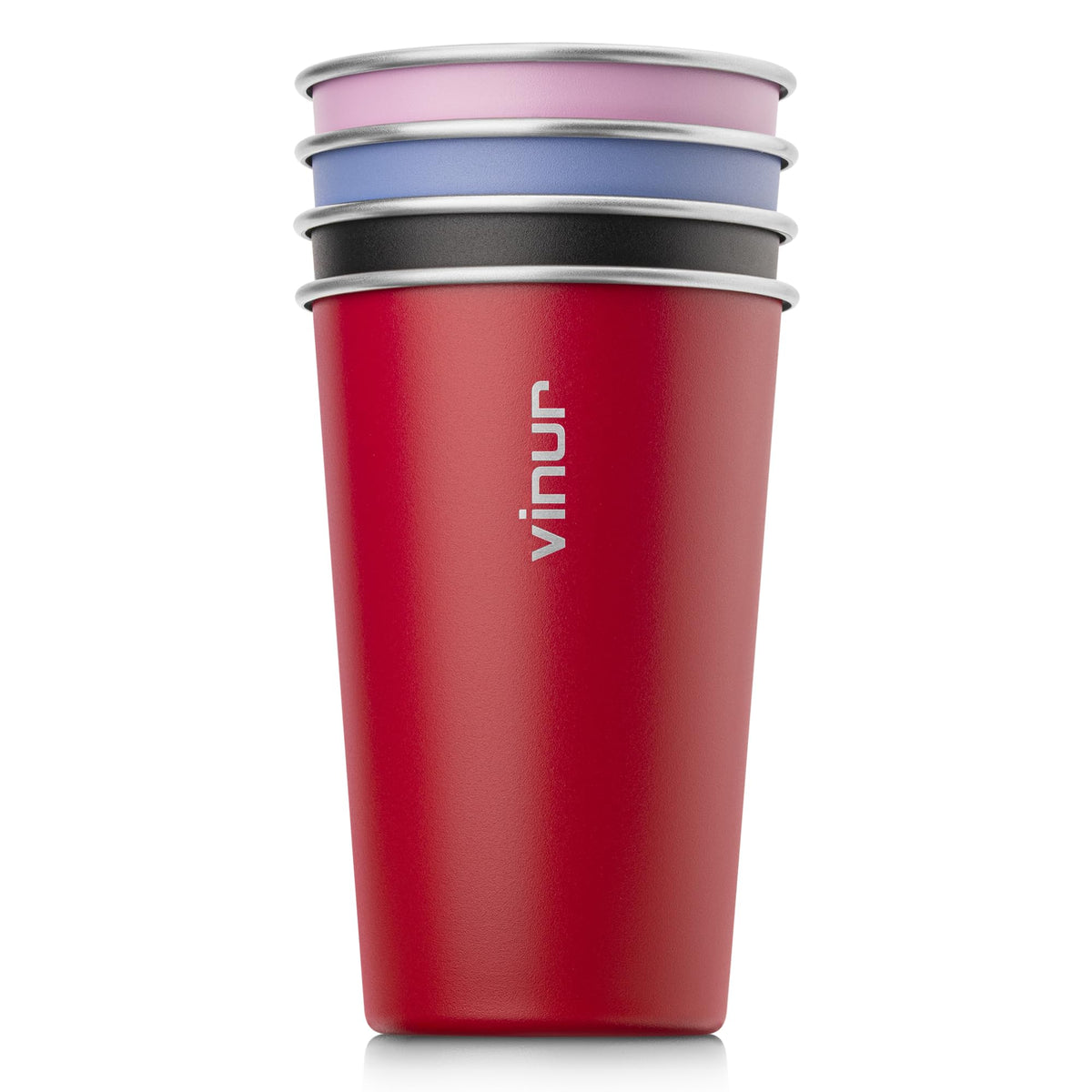 VINUR 16 oz Stainless Steel Cups 4 Pack Pint Tumbler Stackable Metal Drinking Glasses for Travel, Camping, Outdoors (Royal Blue-Canyon Red-Black-Purple Pink)