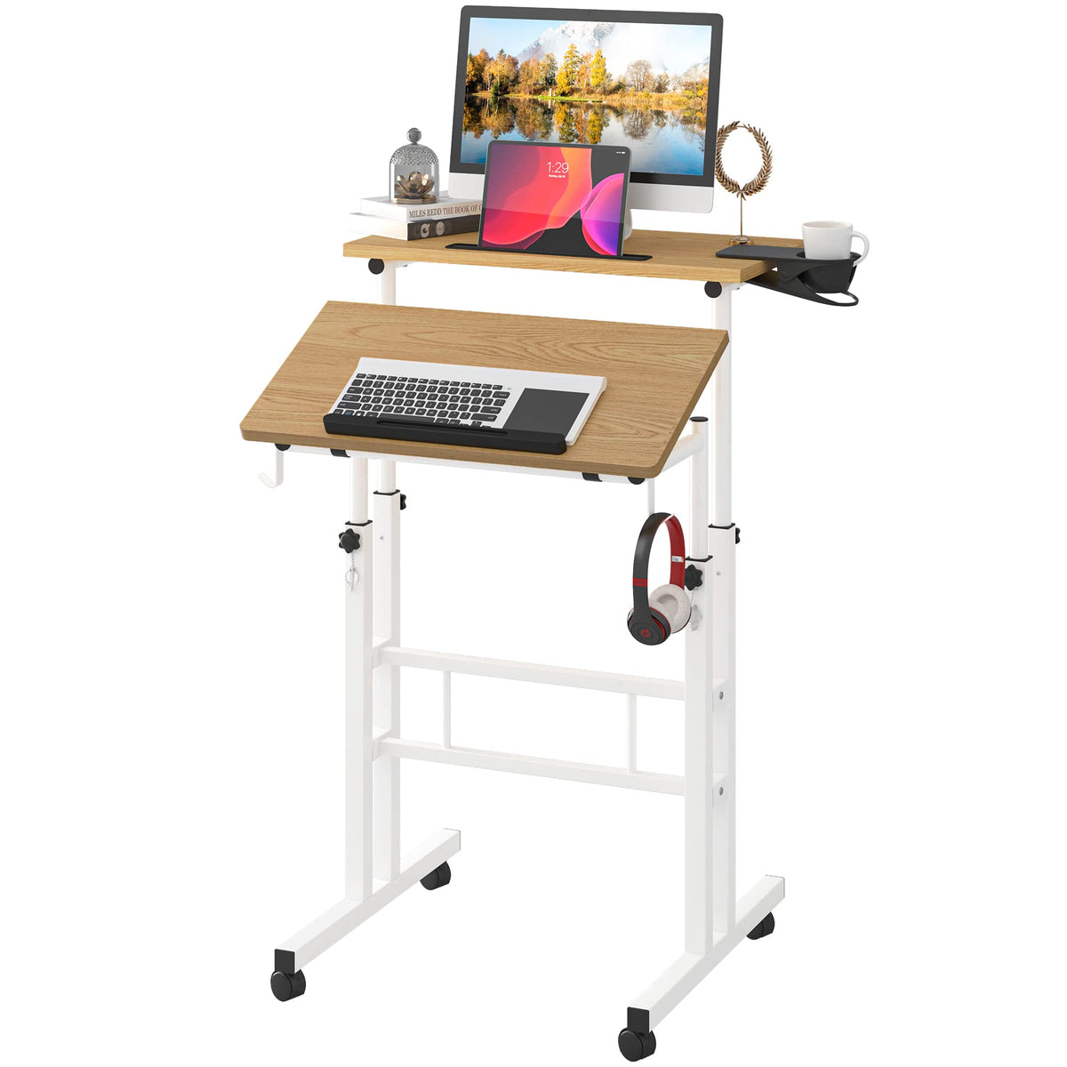 Klvied Mobile Standing Desk with Removable Cup Holder, Portable and Easy to Move, Ideal for Home or Office, Khaki