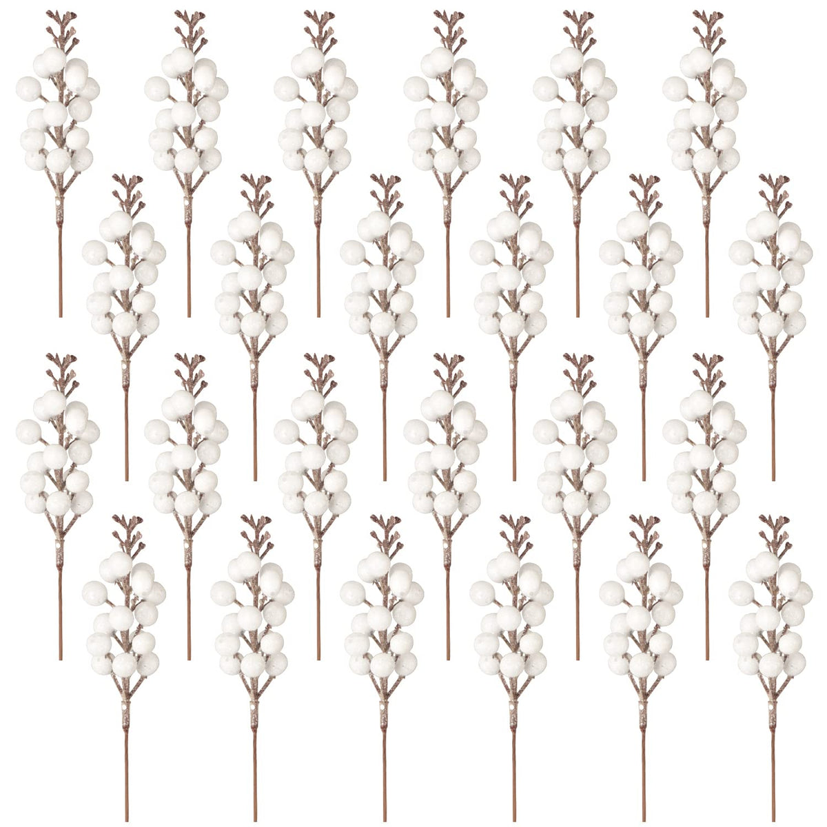 Fangoo 24 Pack Glitter White Stems,Artificial Glitter White Berry Picks Holly Red Berries Branches Christmas Berry Stem Picks for Christmas Tree Wedding Holiday Season Winter Home Decoration(19 CM)
