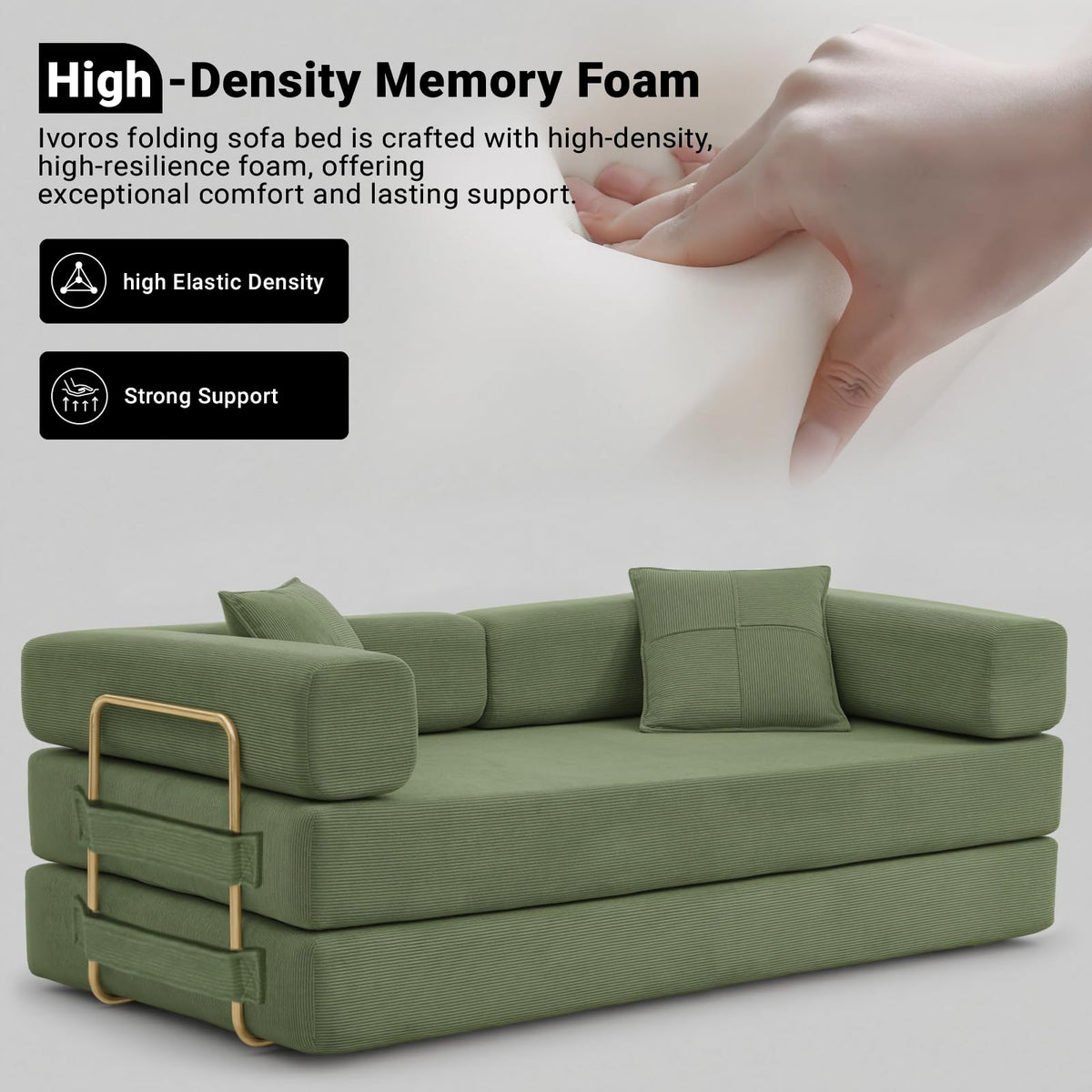 ivoros Folding Sofa Bed, Convertible Sleeper Sofa Bed with Gold Fixed-Shape Frame, Corduroy Floor Couch, Lazy Compression Sofa for Living Room, Bedroom, Home Theater, Green
