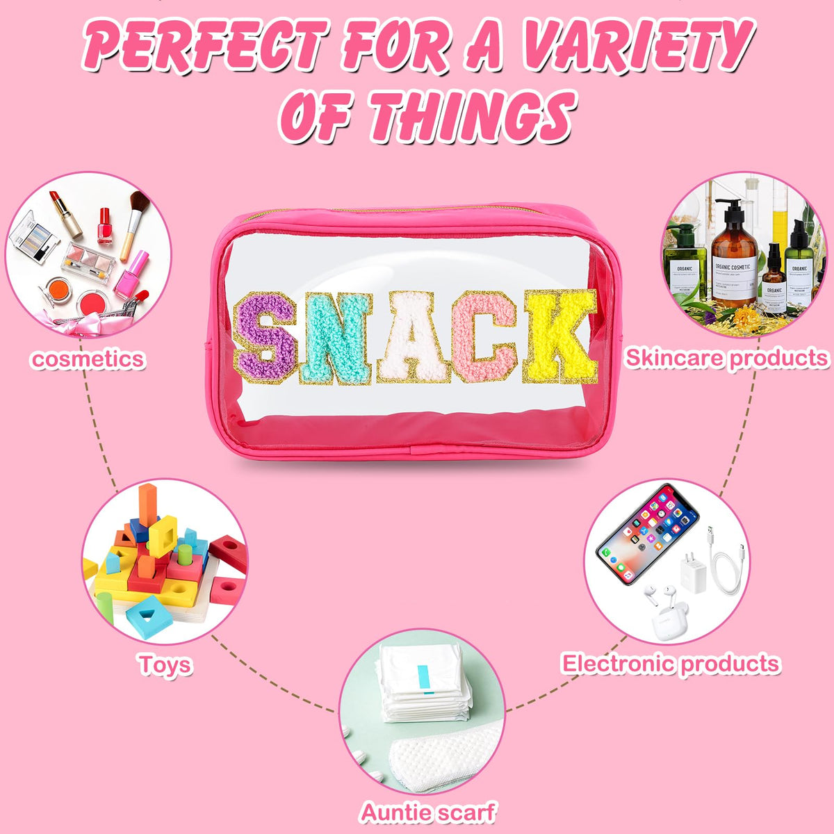 URSKYTOUS Chenille Letter Clear Makeup Bag Large Travel Preppy Patch Snack Cosmetic Bag with Zipper Cute Makeup Pouch Transparent PVC Waterproof Toiletry Organizer Storage for Women Girls (Hot Pink)