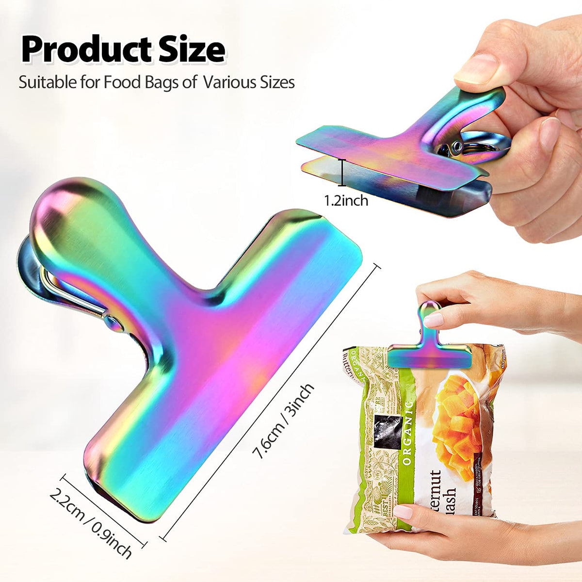 Pack of 8 Bag Clips, Stainless Steel and Heavy Duty Metal Bag Clip,Tightly Seals Chip, Coffee, Bread or Cereal Bags to Keep Food Fresh, for Home, Kitchen, Office, Pantry, Camping (Rainbow)