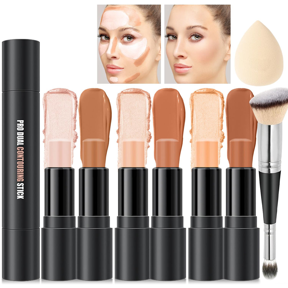 6 Colors Cream Contour Stick Makeup, Primer Face Highlighter Contouring for Beginners, Highlight and Contour Kit, Cream Concealer Makeup Blush Stick, Primer Face Corrector (SET B)