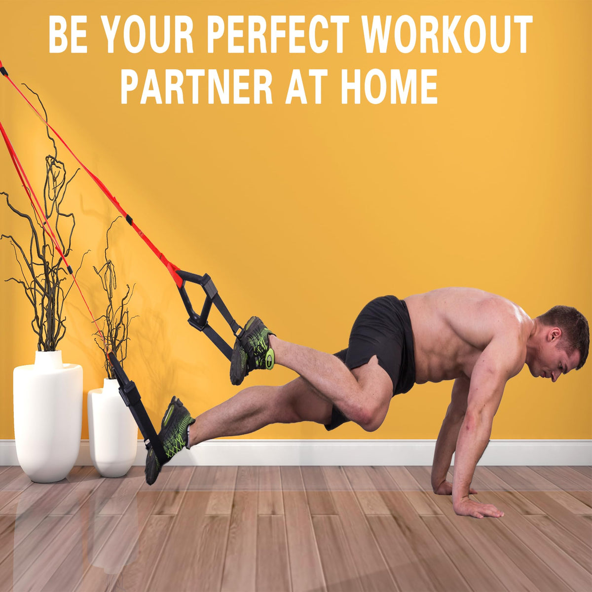 Bodyweight Resistance Training Straps, Complete Home Gym Fitness Trainer kit for Full-Body Workout, Included Door Anchor, Extension Strap, Fitness Guide (Red)