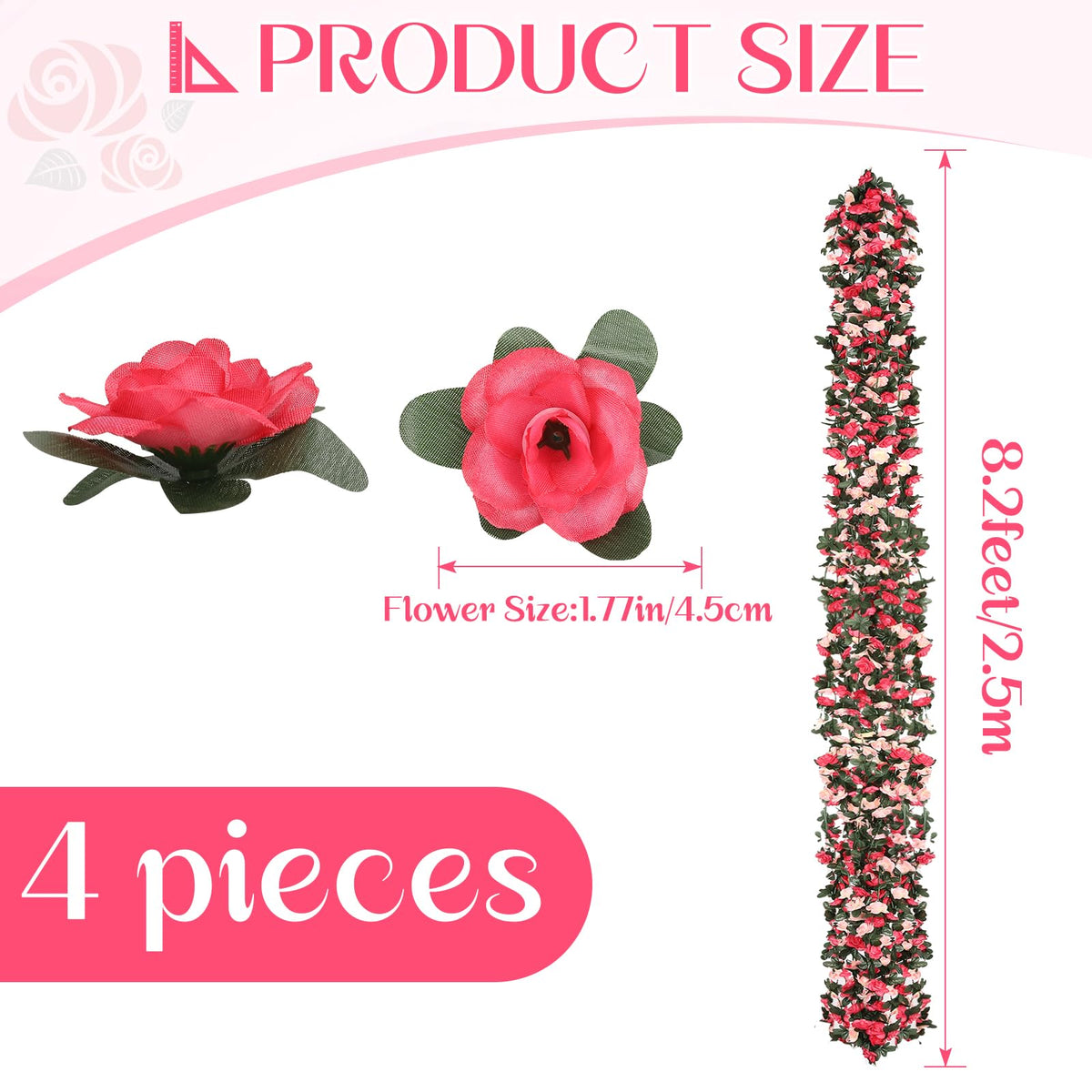 4 Pcs 32.8FT Flower Garland,Rose Garland,Pink Flower Vines for Decoration, Wedding, Garden, Wall Decoration,Backdrop,Bedroom,Birthday Party