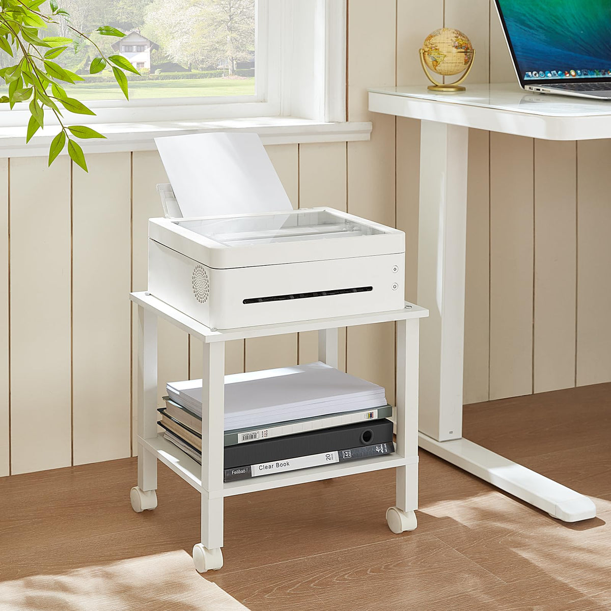 YUFAM 2 Tier Printer Stand with Storage,Under Desk Shelf Printer Table, Rolling Printer Cart for Office,Home,White