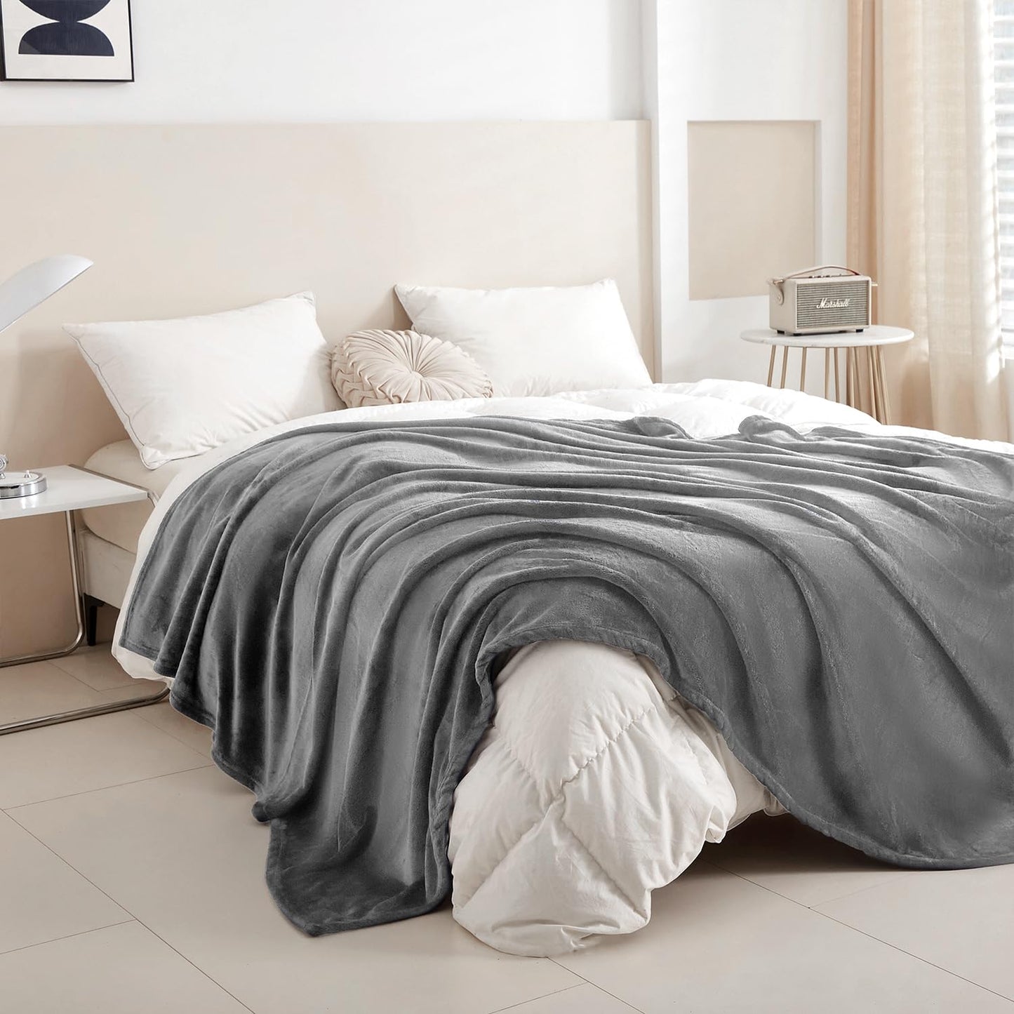 LaSyL Fleece Blanket Queen 90"x90" Grey - 300GSM Soft Cozy Plush Fuzzy Flannel Bed Blanket - Lightweight Anti-Static Microfiber Blanket for Couch, Bed, Sofa