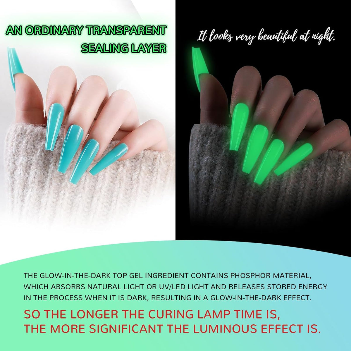 Glow In The Dark Gel, Glow Transparent Nail Top Coat, Long-lasting Luminous Nail Gel Top Coat for Nail Art, UV LED Needed Perfect with Any Colors Salon Pro DIY Home