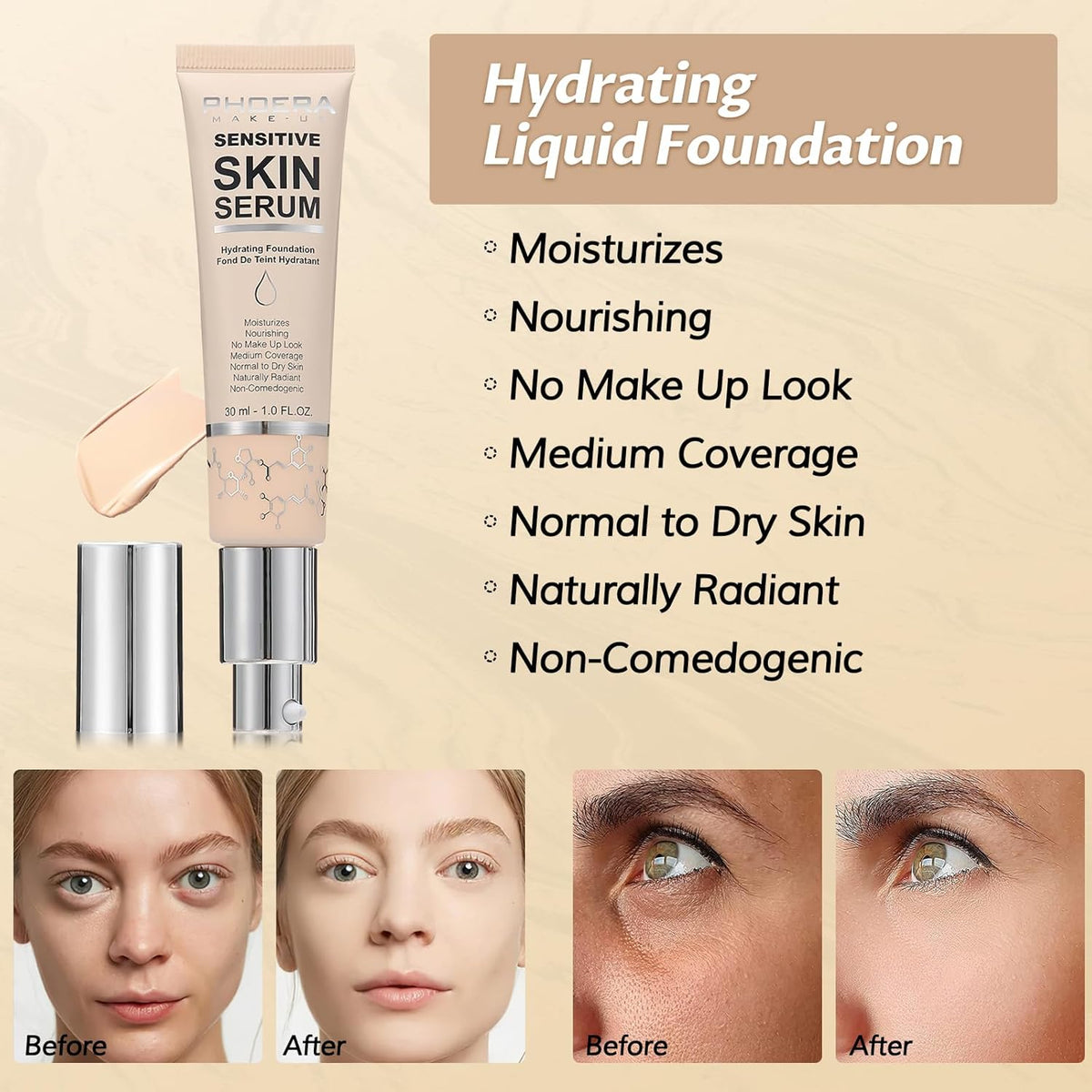 Phoera Foundation Makeup,Flawless Soft Matte Full Coverage with Matte Finish,Hydrating Serum Foundation,Face Makeup for Normal and Dry Skin(N03 Buff Beige, 1PC)