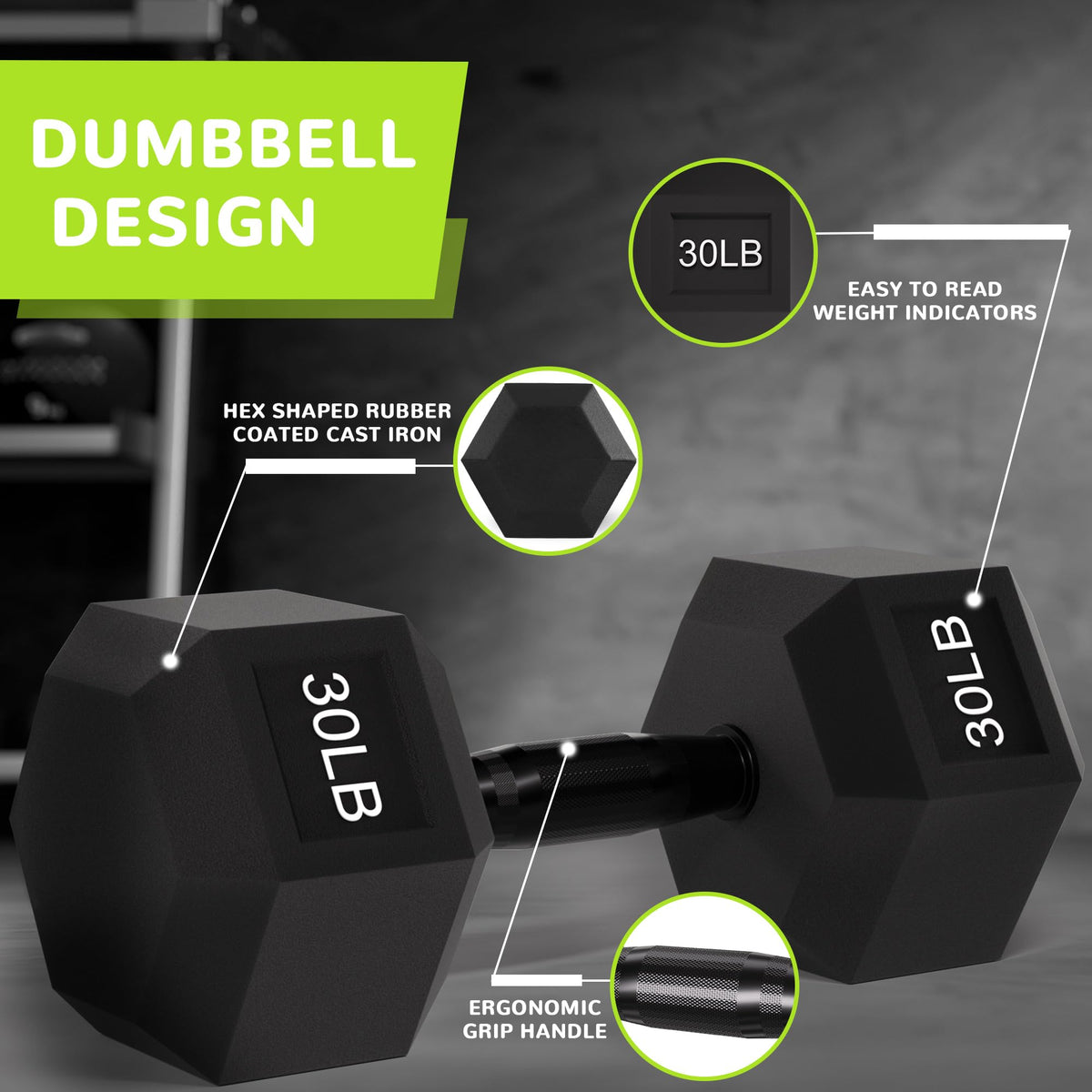 Fitvids Rubber Encased Exercise & Fitness Hex Dumbbell, Hand Weights with Anti-Slip Metal Handle for Home Gym, Multiple Sizes, 30LB Single