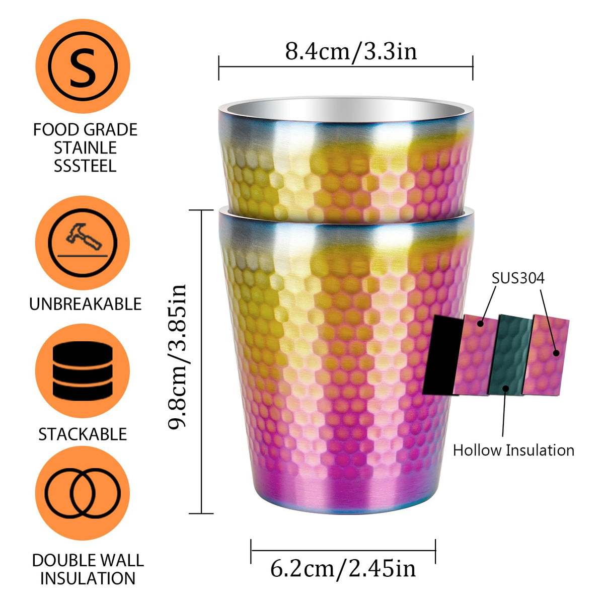 TIICOO Stainless Steel Cups 2 Packs 10oz/300ml Stackable Double Wall Insulated Metal Shatterproof Cups Titanium-Plated Diamond Textured Surface Heat Resistant Dishwasher Safe (Rainbow)