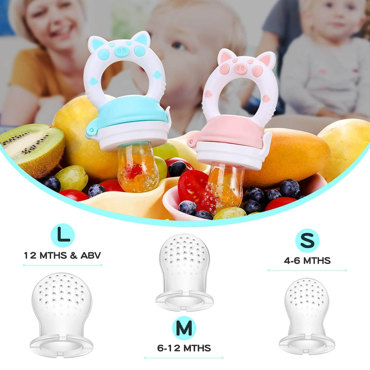 Baby Fruit Food Feeder Pacifier - Fresh Teething Pacifiers, Infant Fruit Teething Teether Toy for 3-24 Months, 6 Pcs Silicone Pouches for Toddlers & Kids & Babies, Piggy Handle 2-Pack (Blue & Gray)
