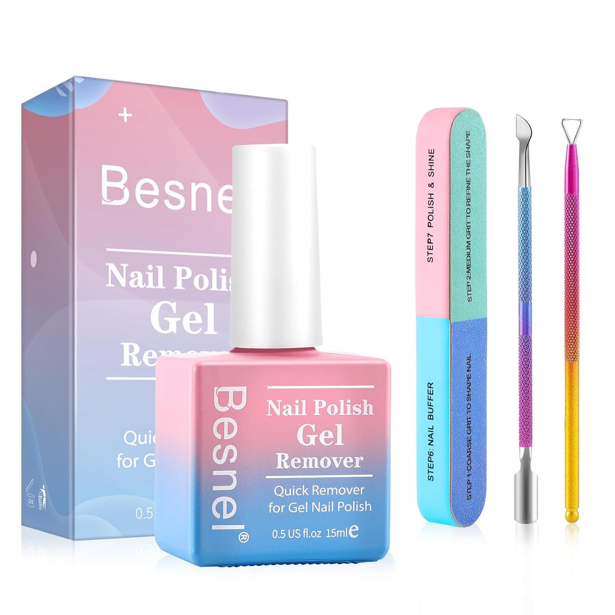 Gel Nail Polish Remover, Professional Gel Polish Remover for Nails Non-Irritating Easily & Quickly Remove Nail Polish, Gel Remover Tools Kit Nail File Cuticle Pusher Nail File Grit