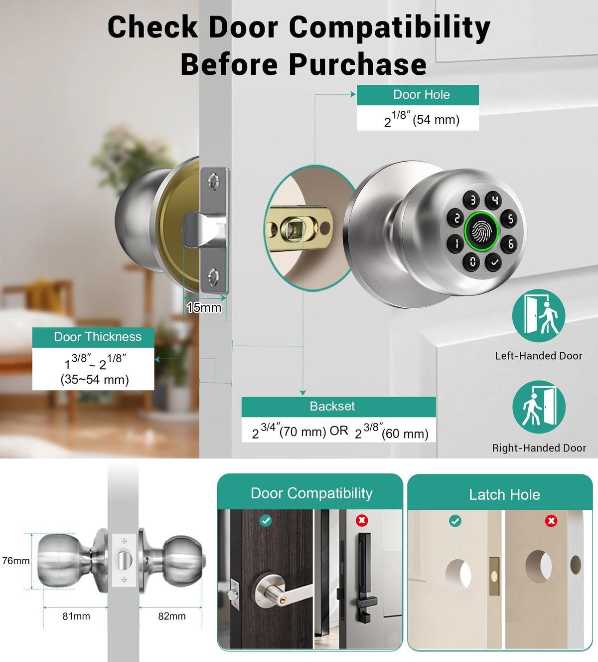 WREO Keypad Smart Door Knob Lock, Fingerprint Keyless Entry Door Lock with Handle for Front Door and Bedroom, Electrionic Biometric Code Door Knob with APP, Auto Lock for Home Office Apartment Garage