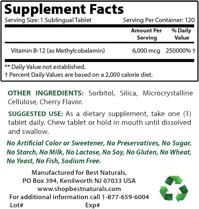 Best Naturals Vitamin B12 6000 mcg & Vitamin D3 10000 IU