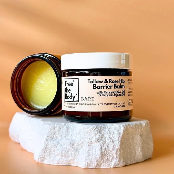 Tallow and Rose Hip Barrier Balm, Grass-Fed Tallow with Beeswax and Rosehip Oil, 2oz, All Skin Types, Face and Body (2oz, Bare (unscented))