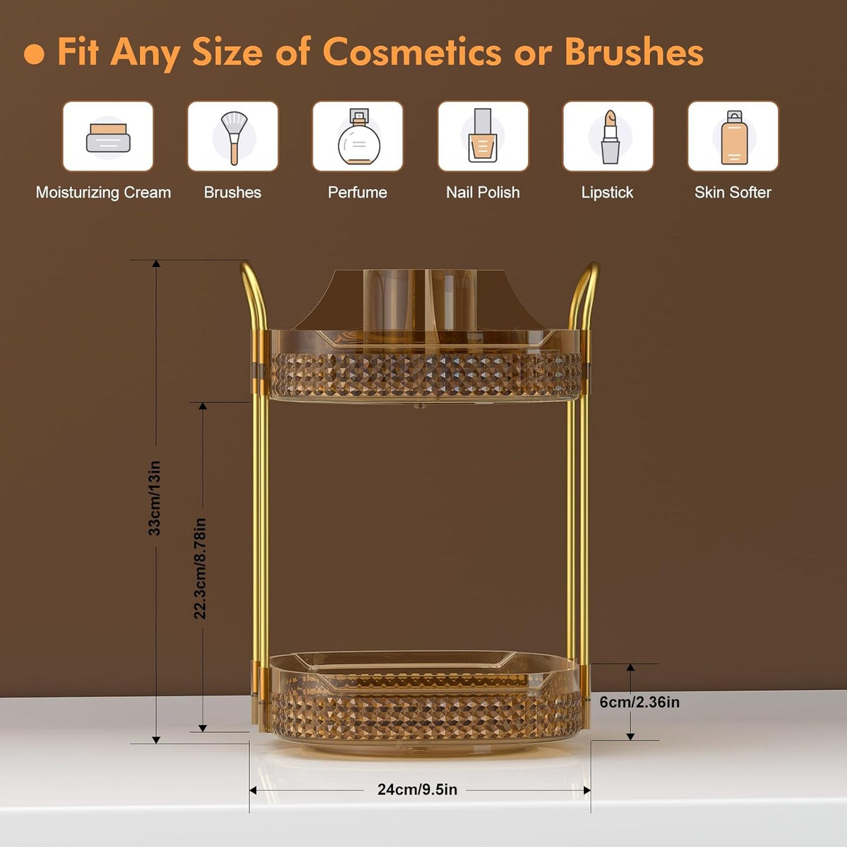 Awenia Rotating Makeup Organizer 360, Stackable Adjustable Large Capacity Cosmetic Storage Unit,Dresser Bathroom Kitchen Countertop Organizer with Metal Handle, Plus Size (Honorable Gold, 2 Tier)