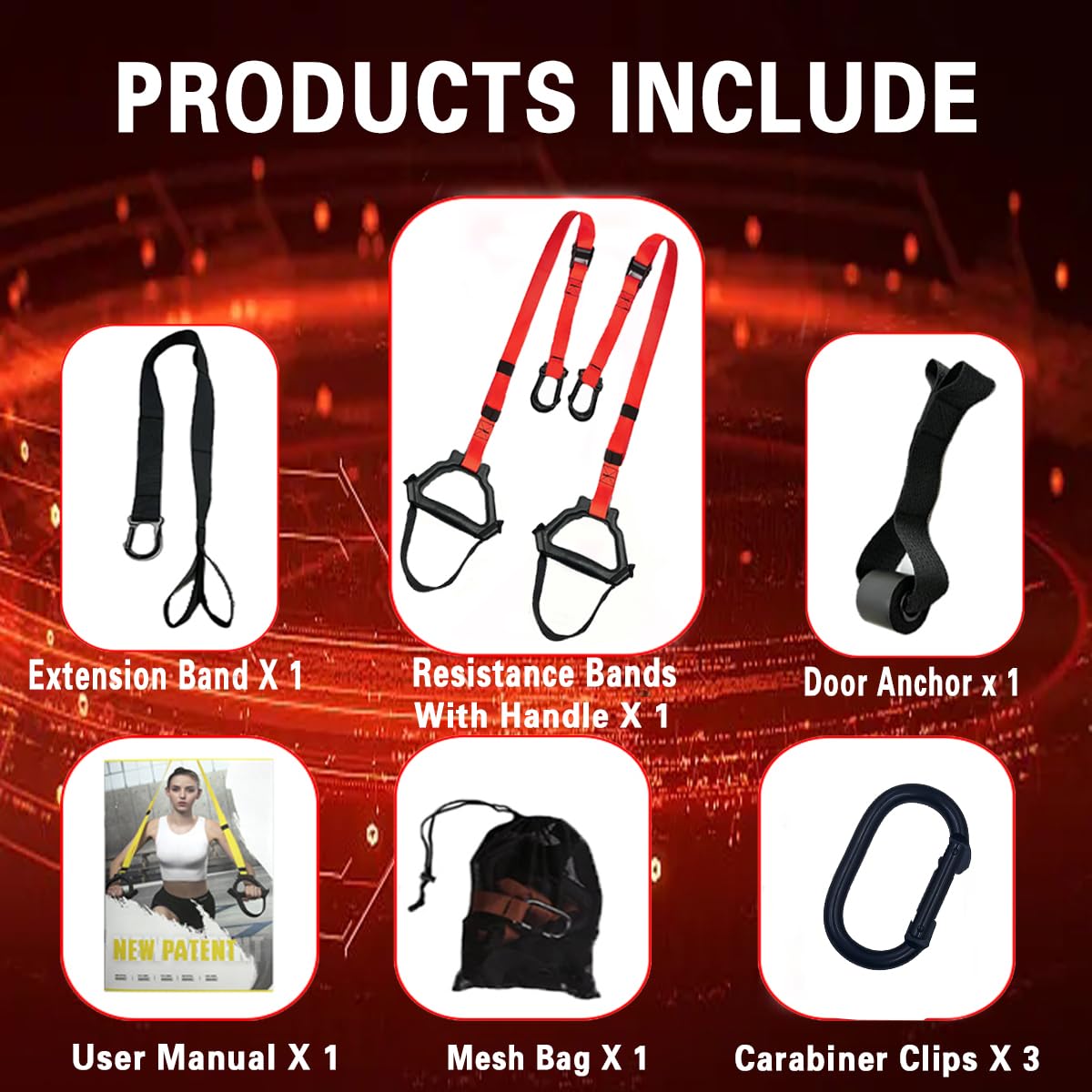 Bodyweight Resistance Training Straps, Complete Home Gym Fitness Trainer kit for Full-Body Workout, Included Door Anchor, Extension Strap, Fitness Guide (Red)