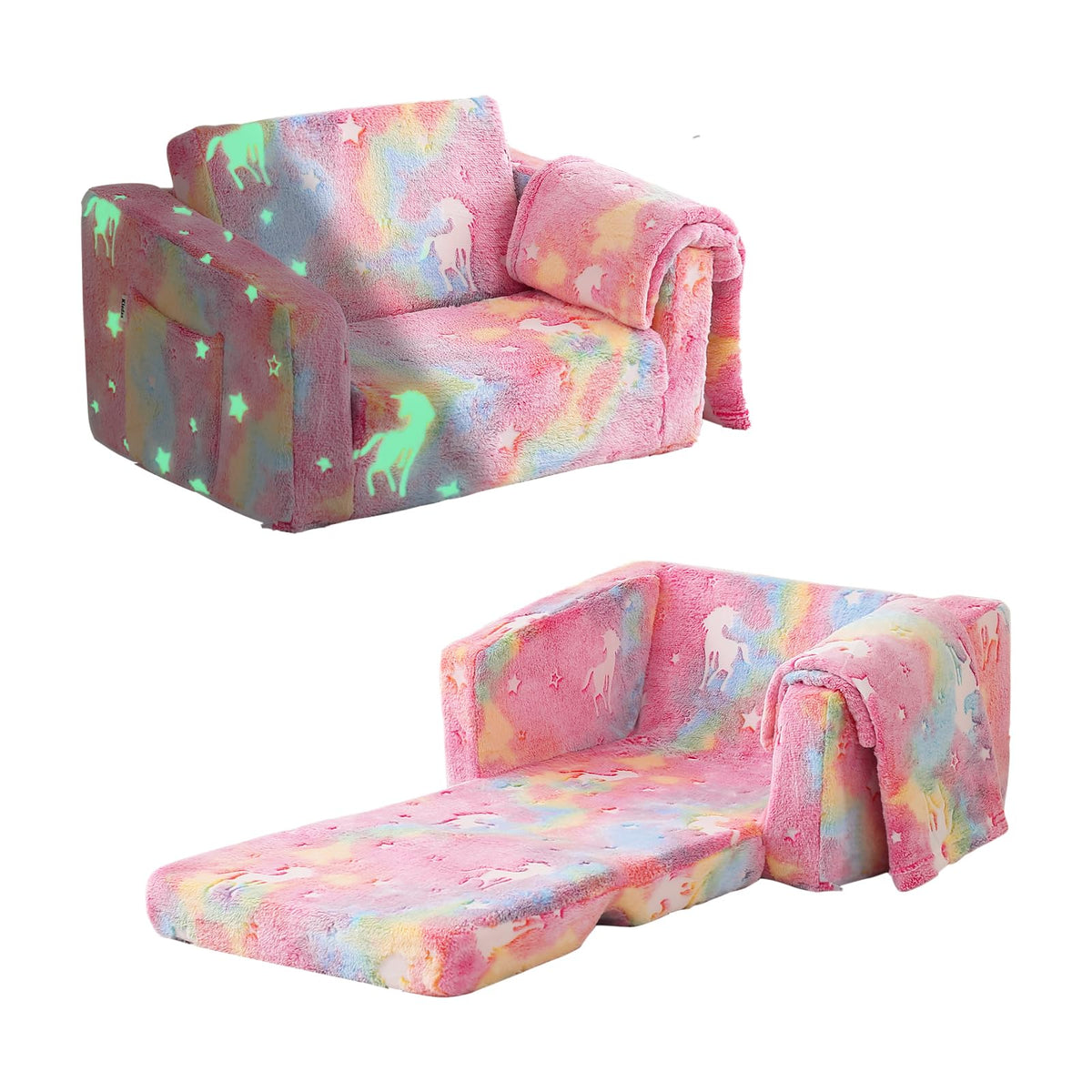 Kisdsa Kids Couch Fold Out, Foldable Toddler Couch with Blanket, Kids Sofa for Girls & Boys, Flip Out Toddler Chair, Convertible Sofa to Lounger for Children Age 1-3 (Glow Pink)