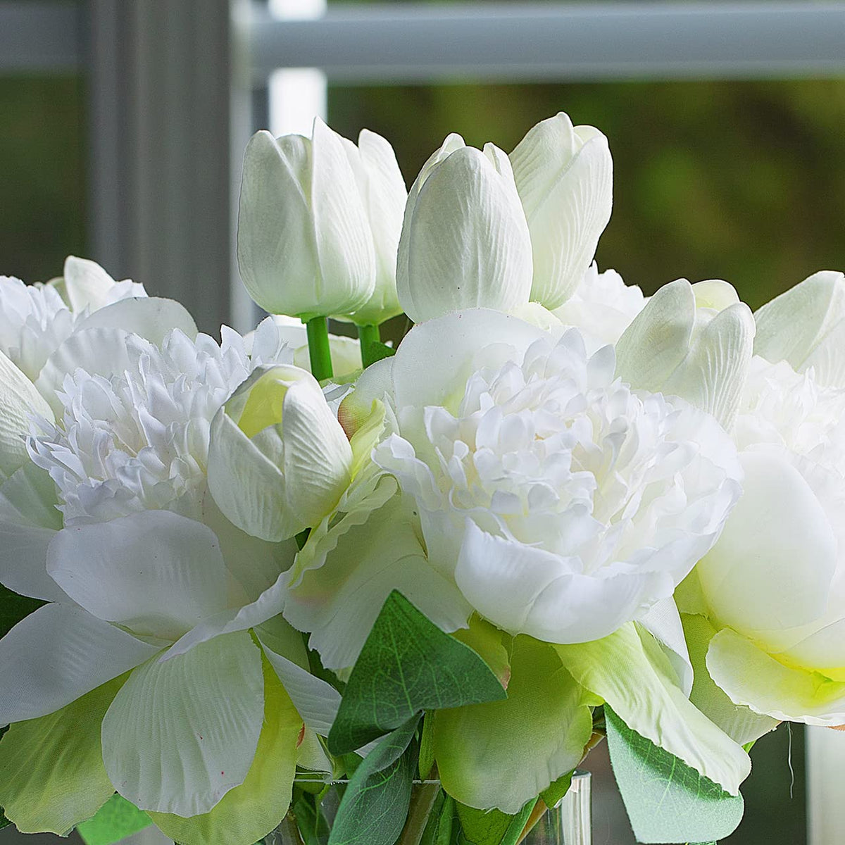 ENOVA FLORAL Artificial Flower Arrangement with Vase, Faux Flower in Vase, Mixed Artificial Real Touch Tulip and Fake Silk Peony Flower in Vase for Decoration Home Office(Cream)