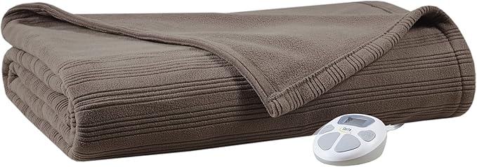 Serta Travis Fleece Ultra Soft Tri-Rib Textured Electric Blanket, Cozy and Snuggly Cover Fast Heating for Cold Weather, Auto Shut Off, Multi Heat Setting Controller, Twin, Stone Brown