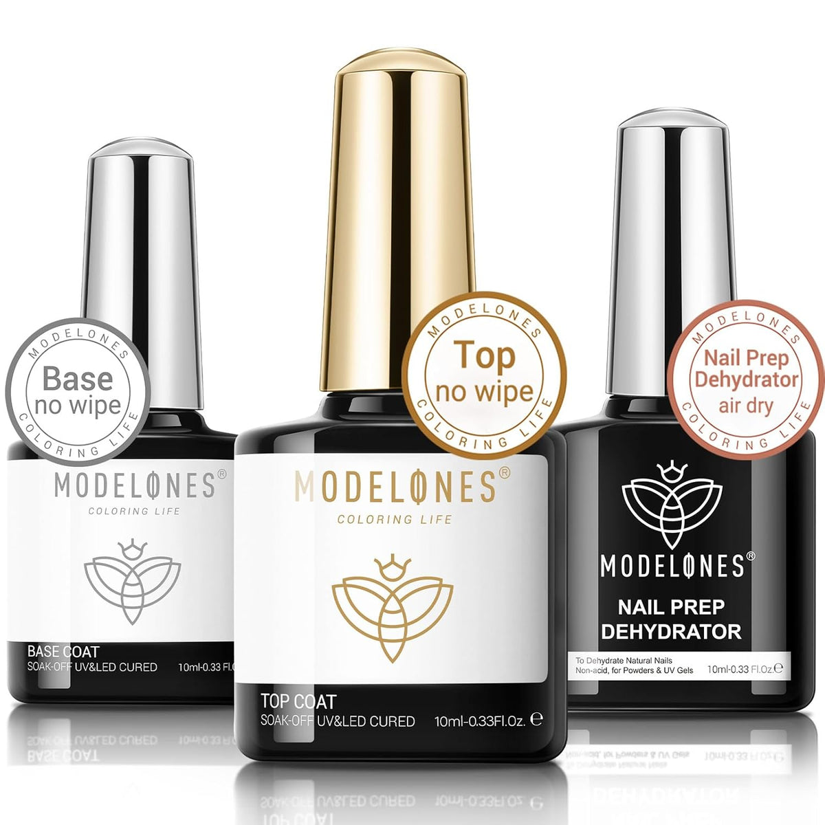 modelones Gel Base and Top Coat with Nail Dehydrator Set No Wipe Diamond Super Shiny Top Coat Nail Art Prep Kit